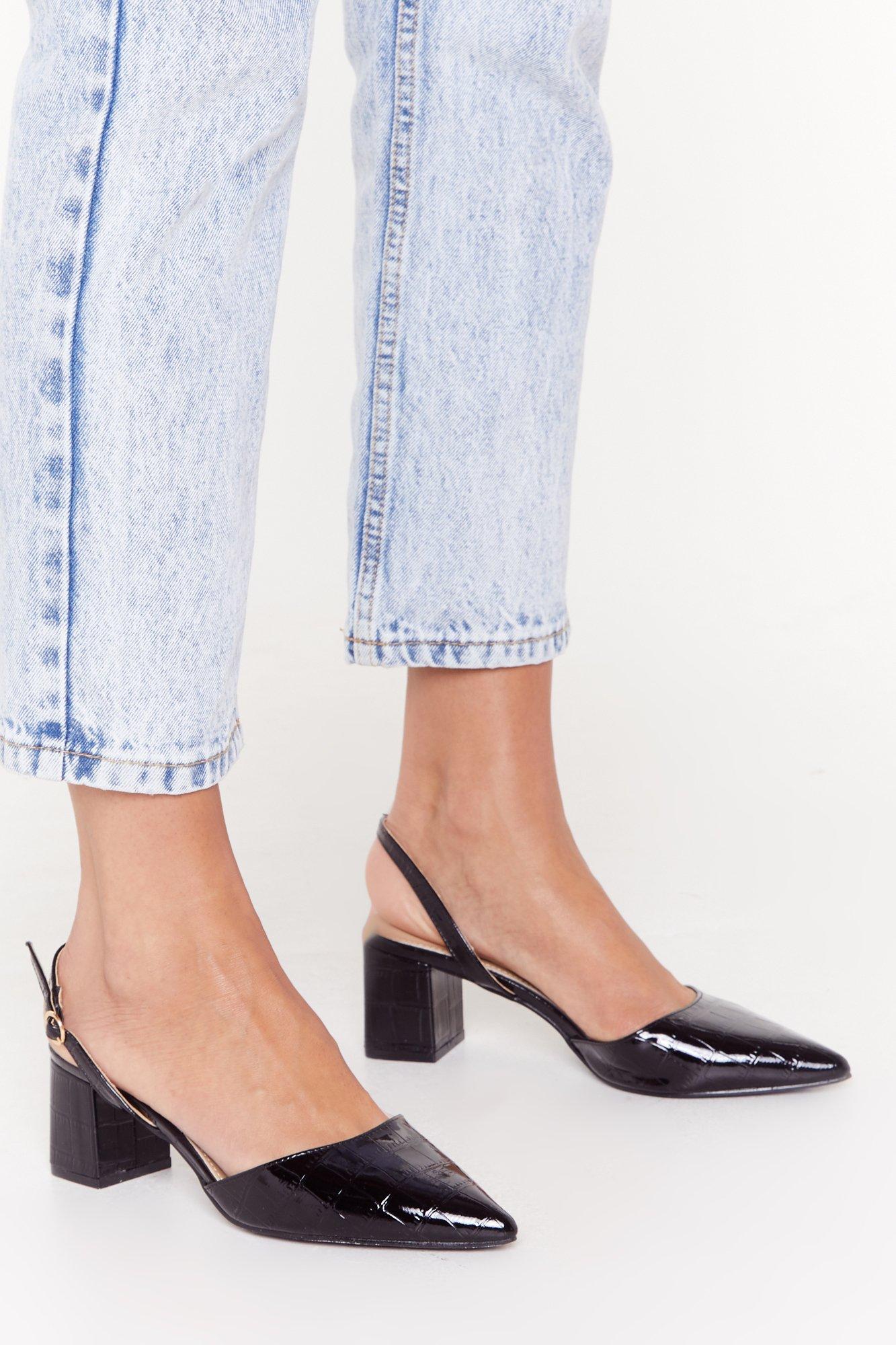 Faux Croc Low Block Heel Slingback 