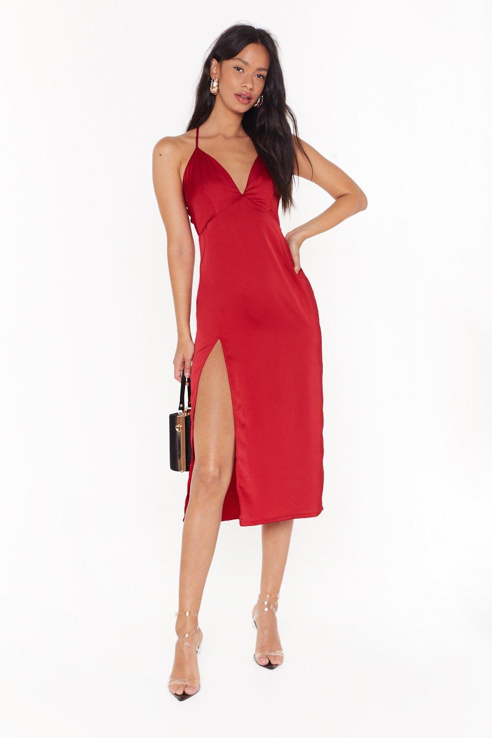 satin red midi dress