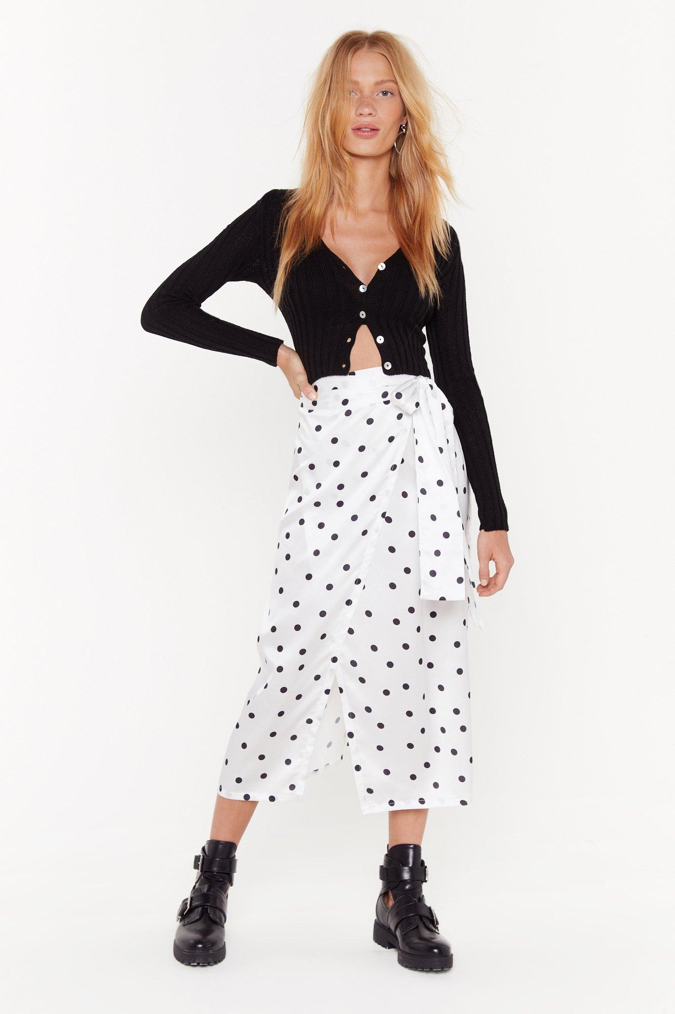 white polka dot midi skirt