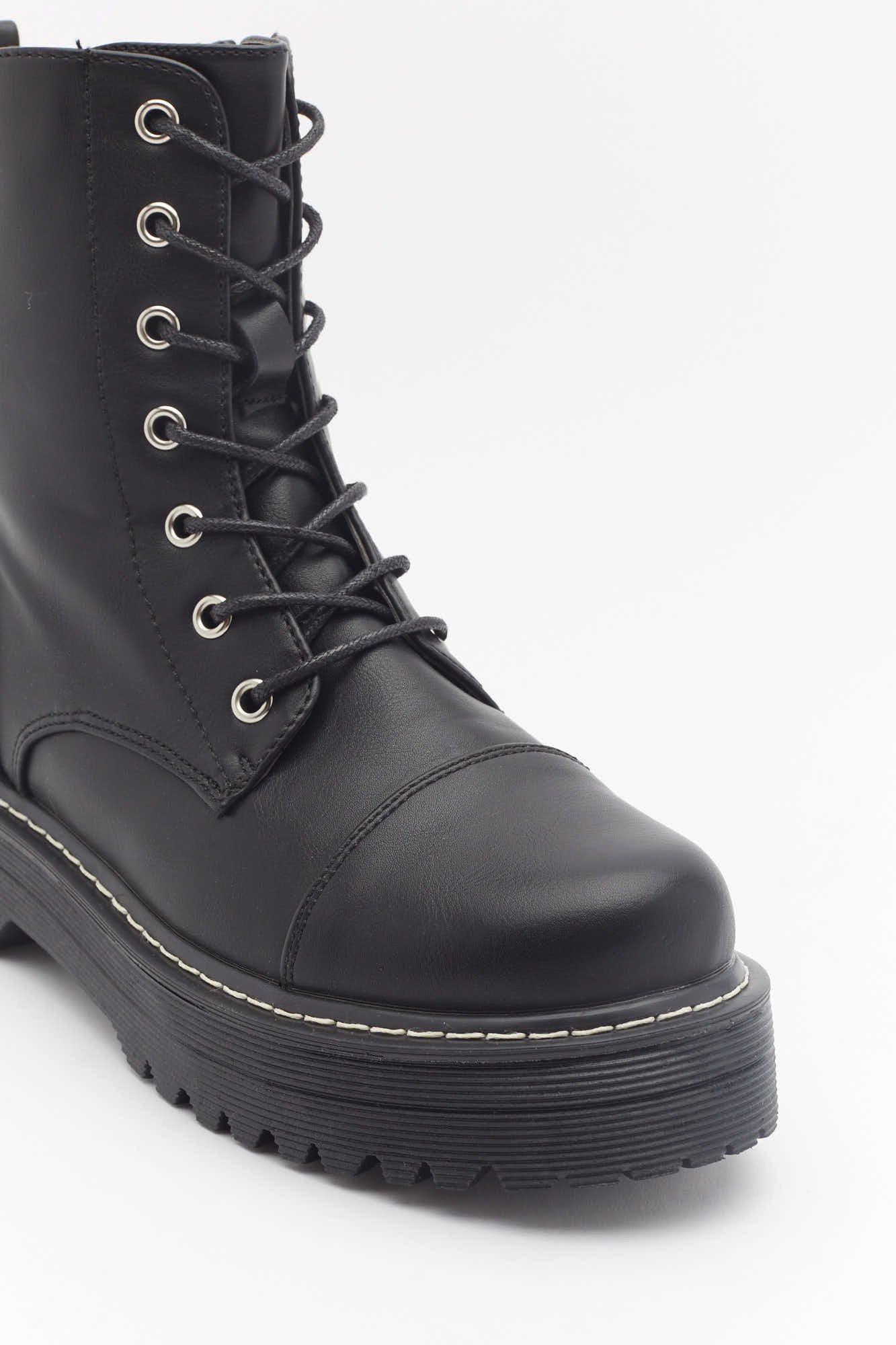 black faux leather lace up boots
