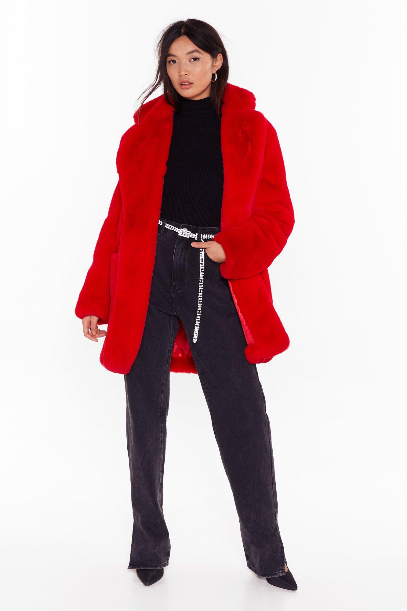 red fake fur jacket