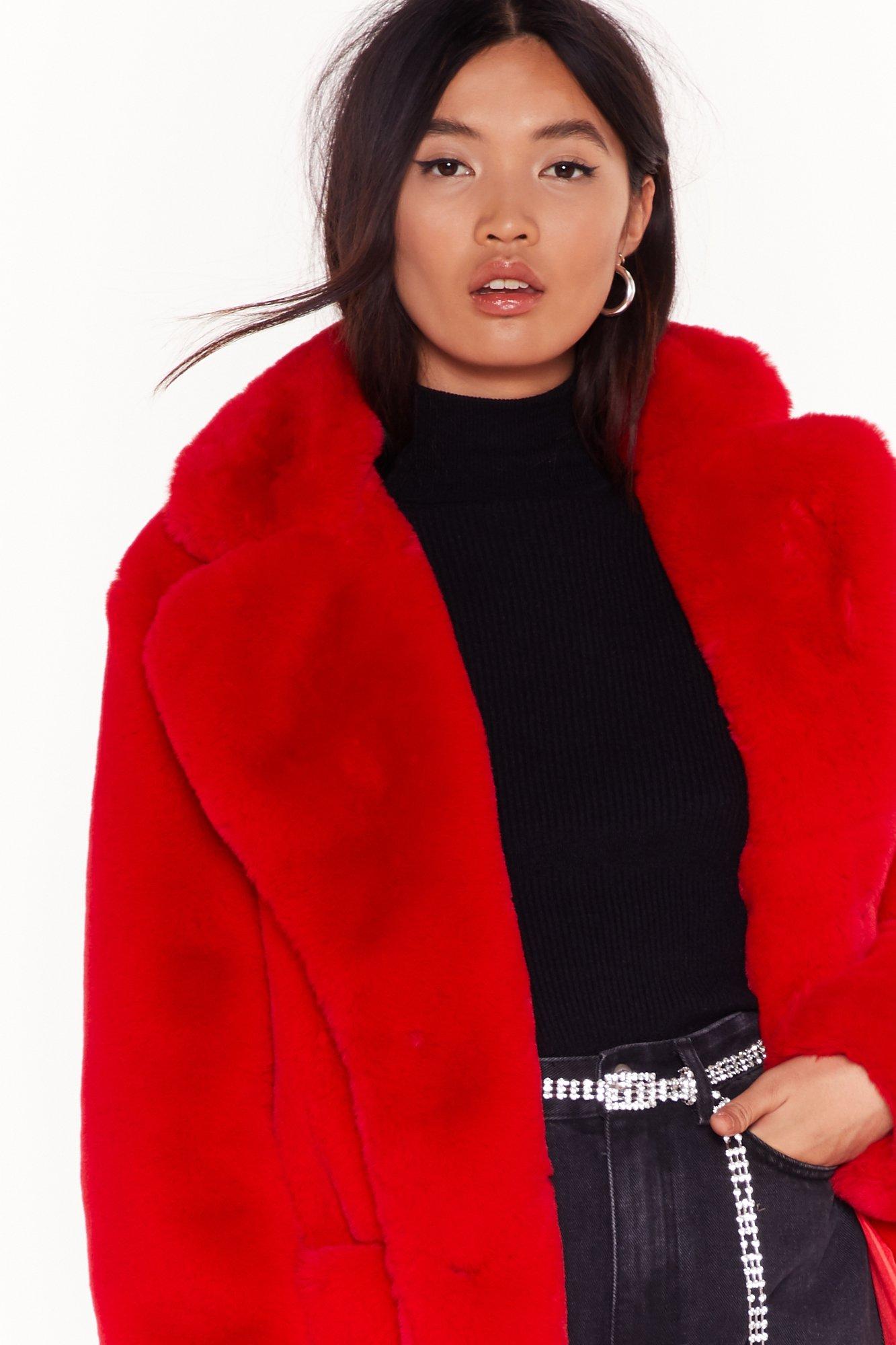 red faux fur jacket