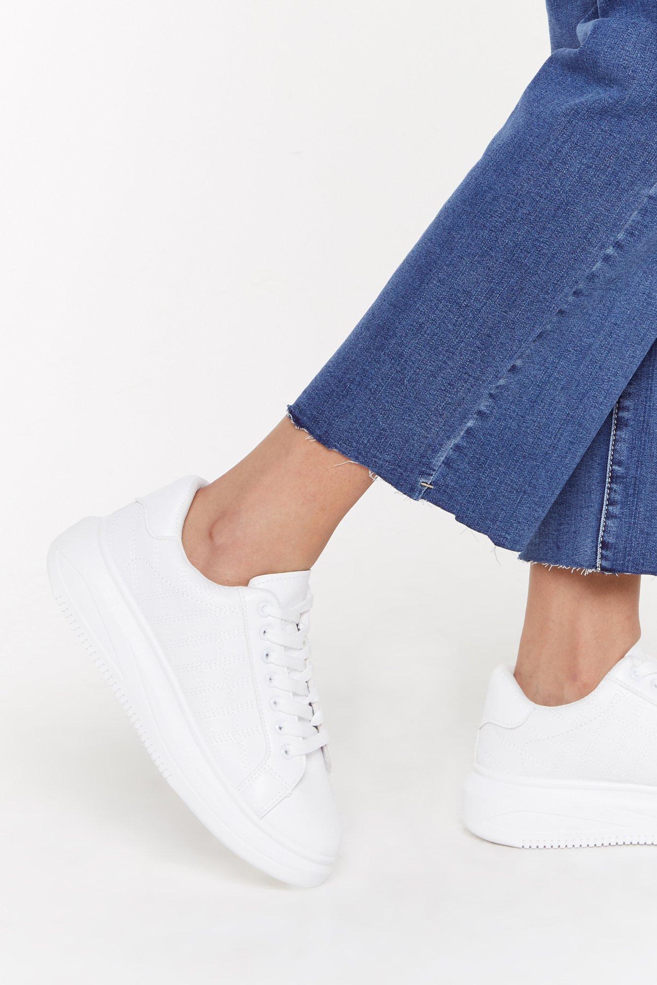 white faux leather flatform trainers