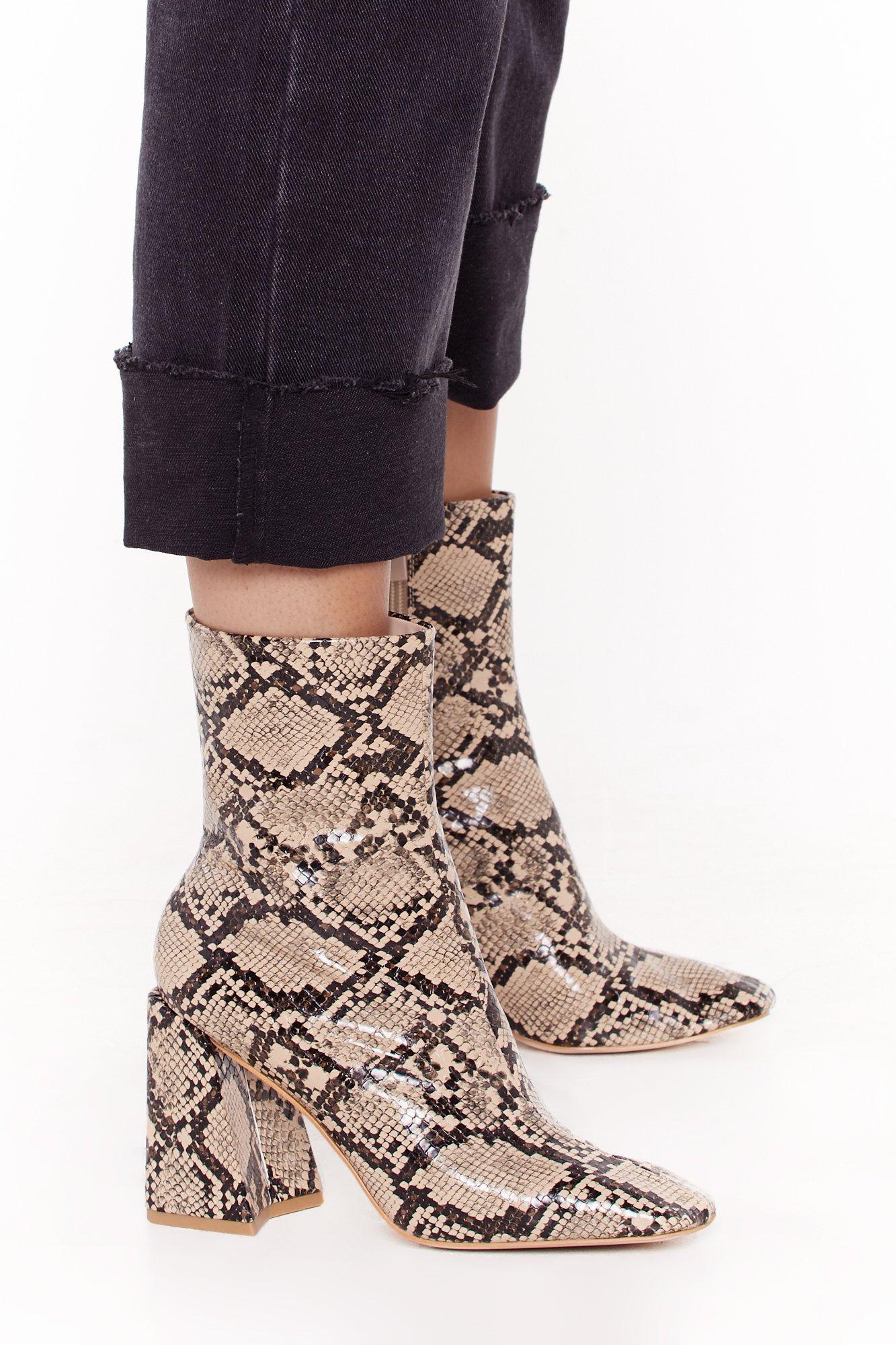 Snake Print Square Toe Flare Heel Ankle 