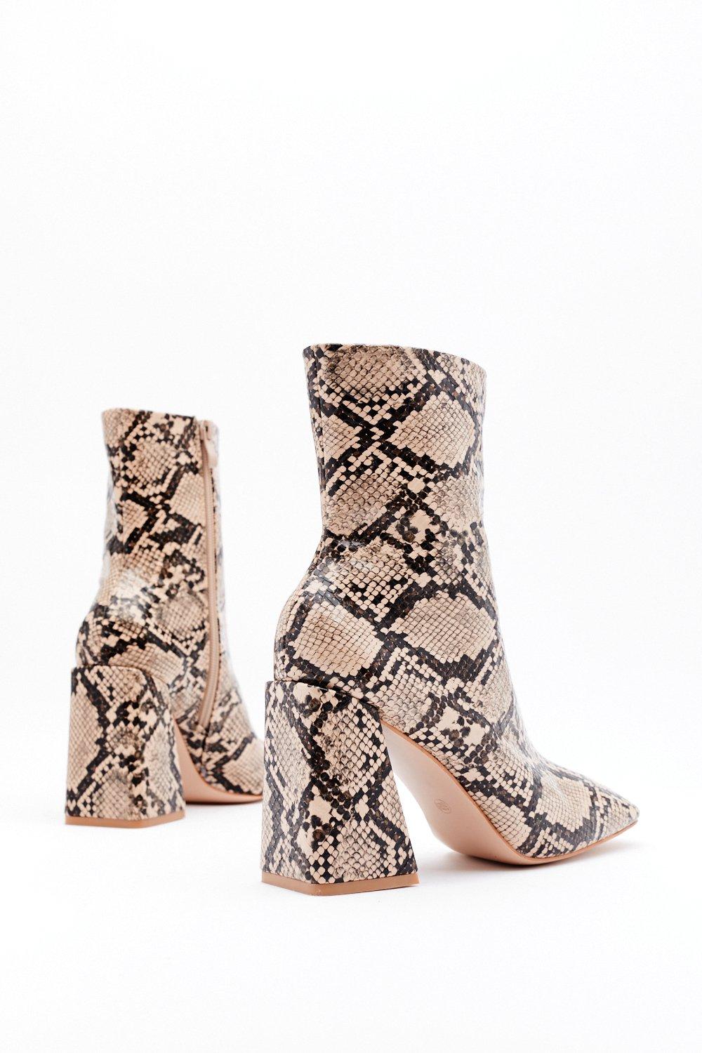 Snake Print Square Toe Flare Heel Ankle 