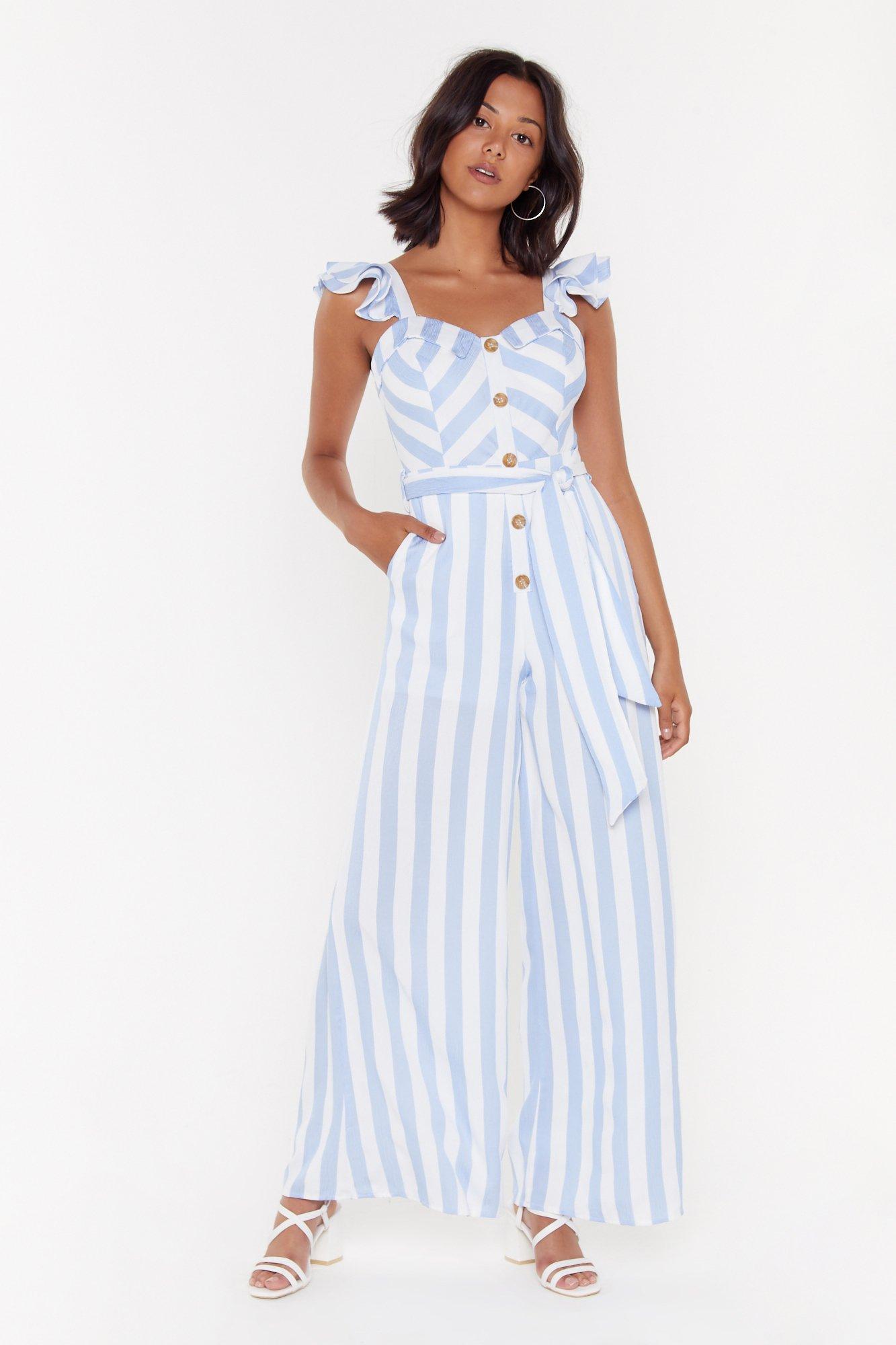 striped blue and white jumpsuit