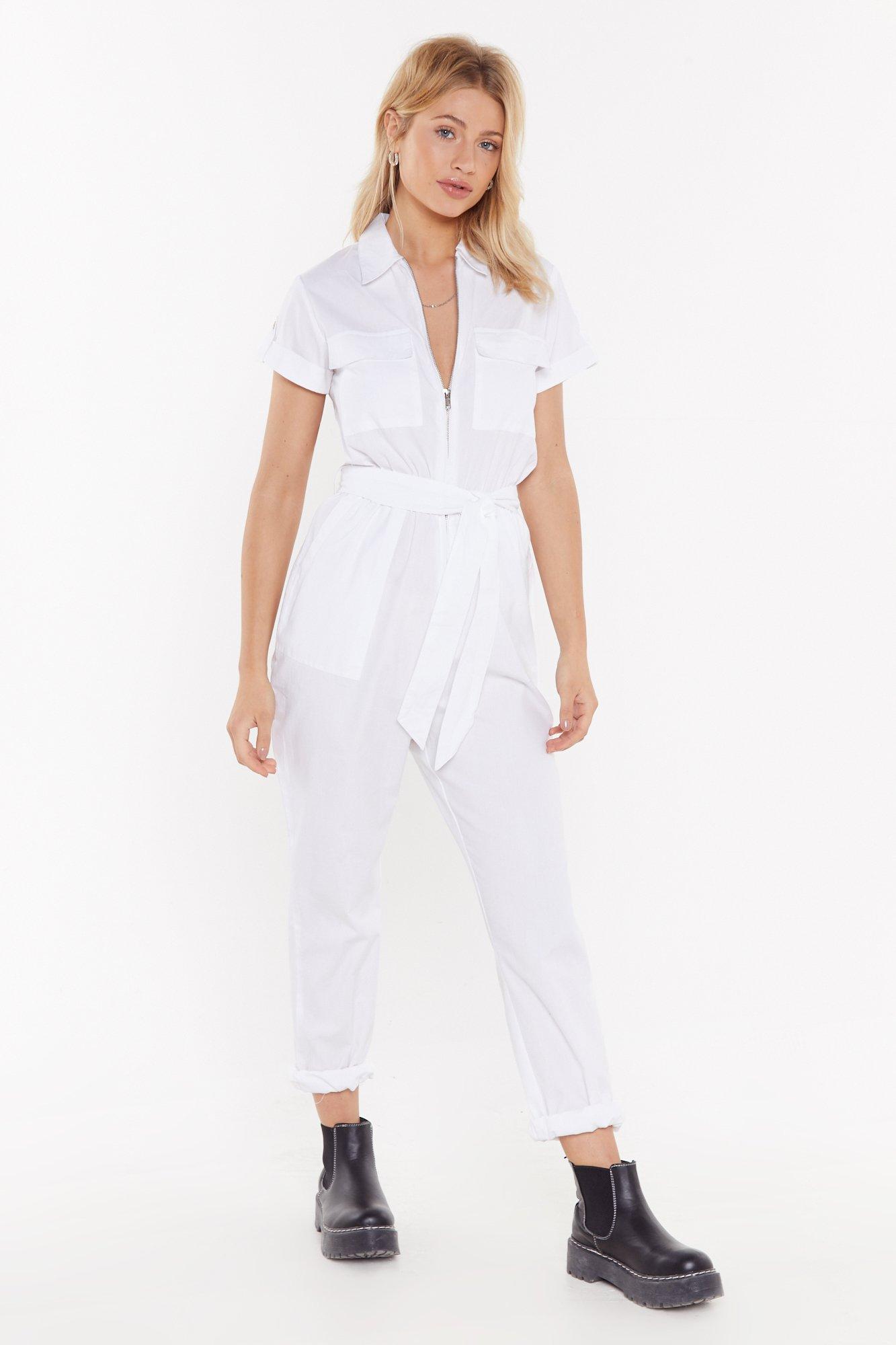 white utility jumpsuit