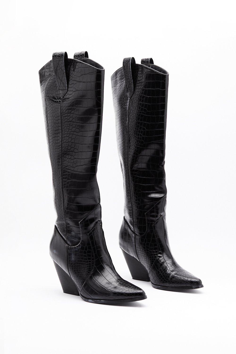 black croc knee high boots