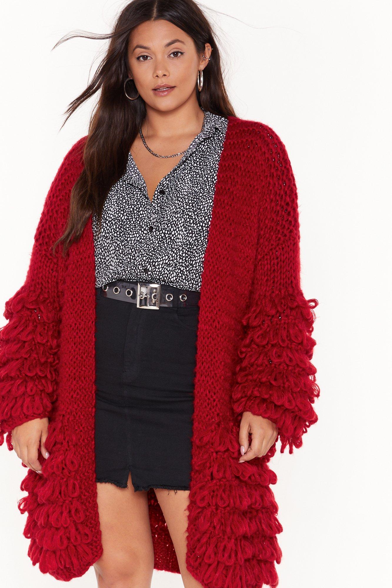 red loop knit cardigan