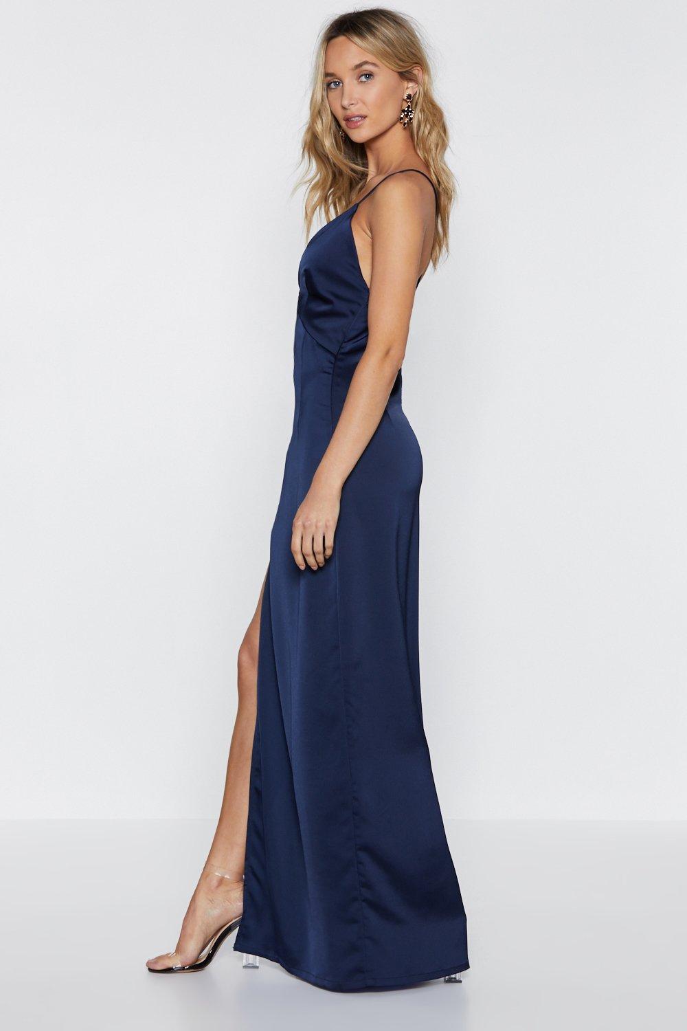 navy blue satin maxi dress