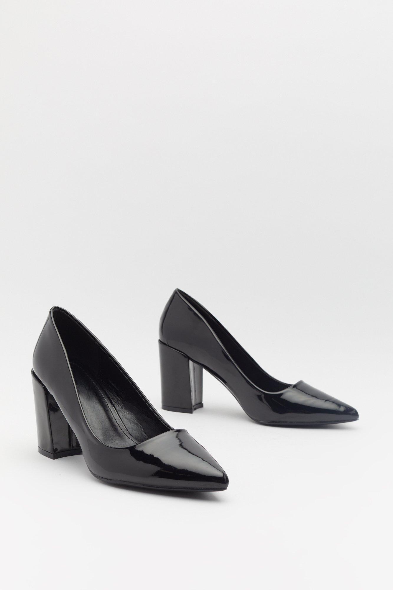 black patent block heel court shoes