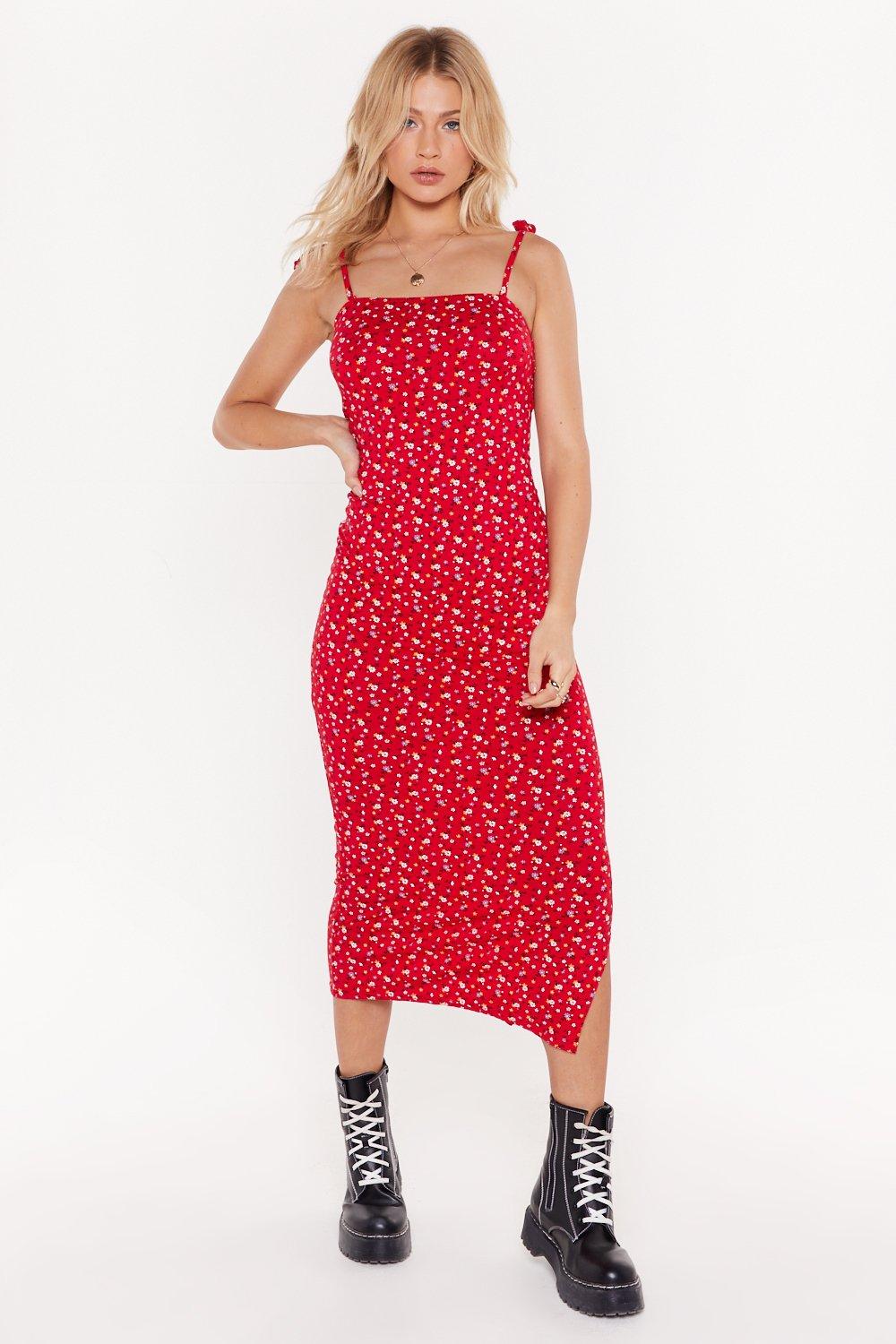 red midi floral dress