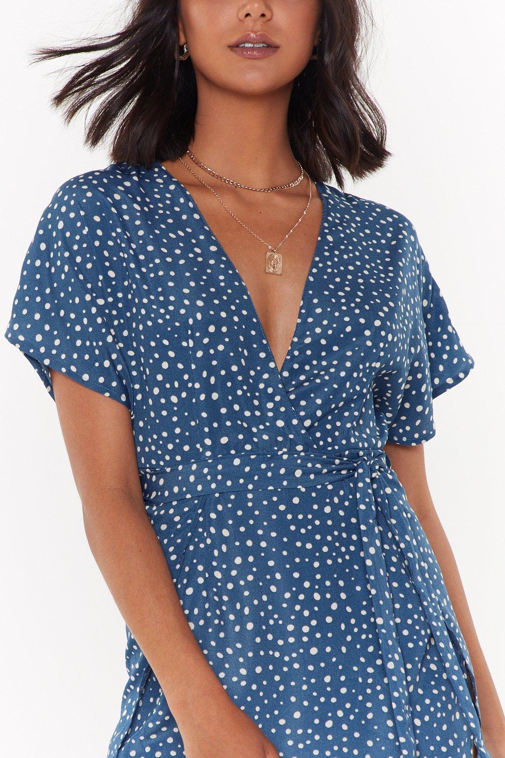 blue spotty wrap dress