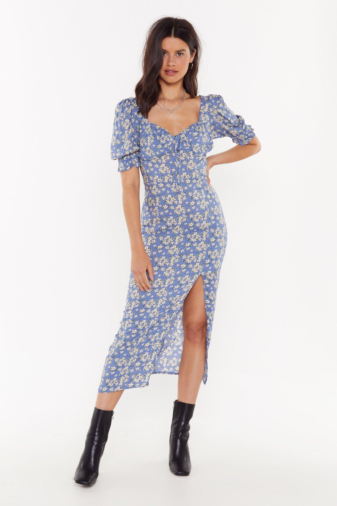 blue floral midi dress with sleeves