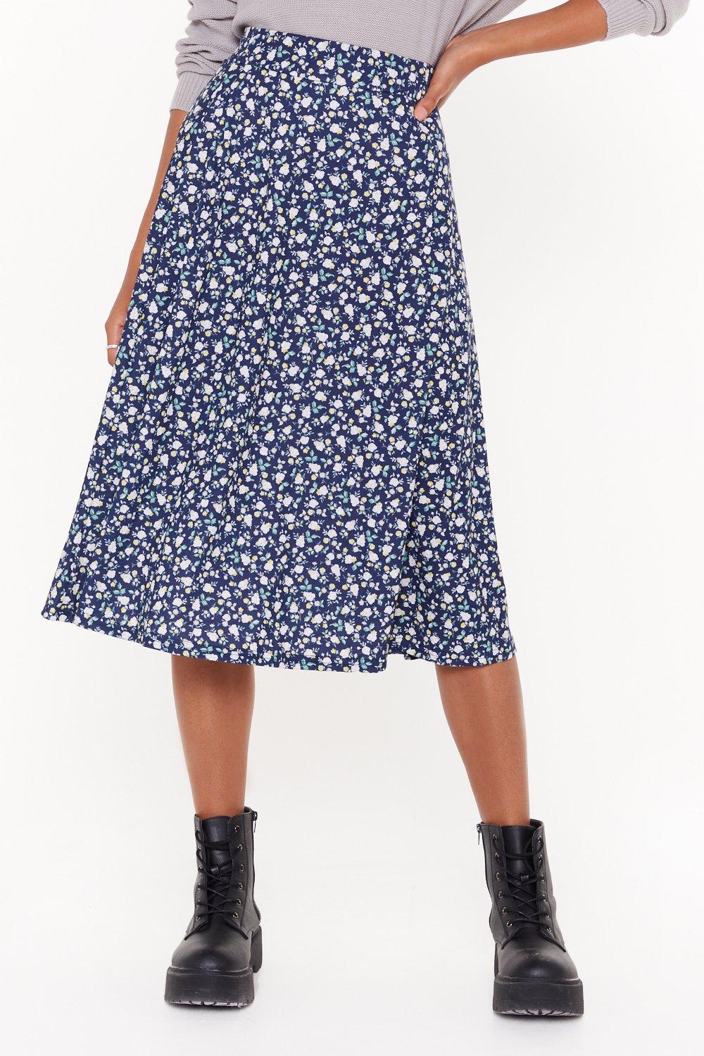 blue floral midi skirt