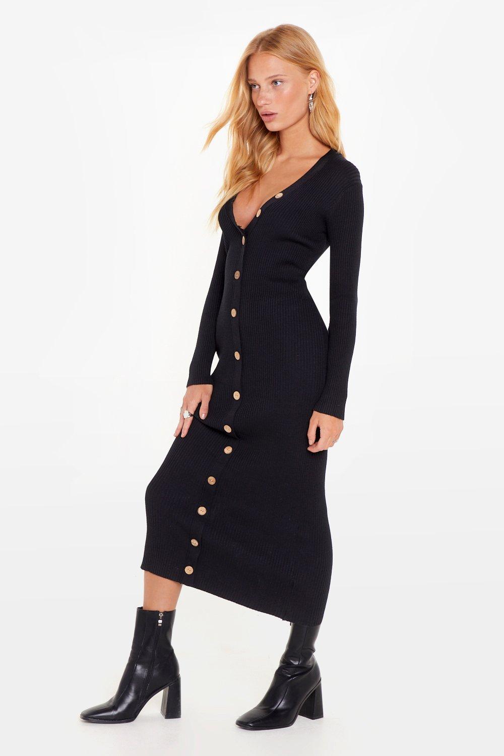 black ribbed dress with buttons