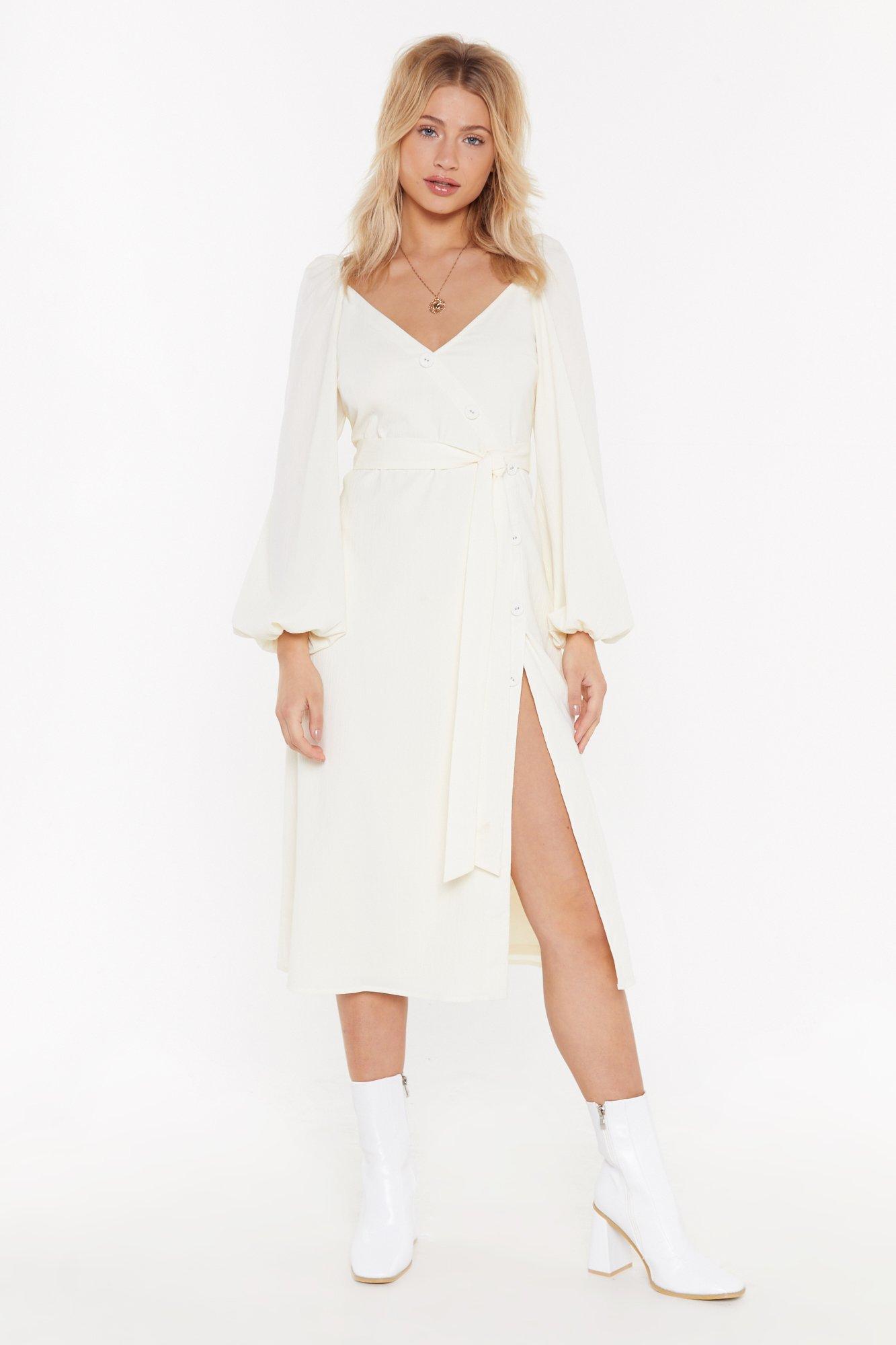 white puff sleeve midi dress