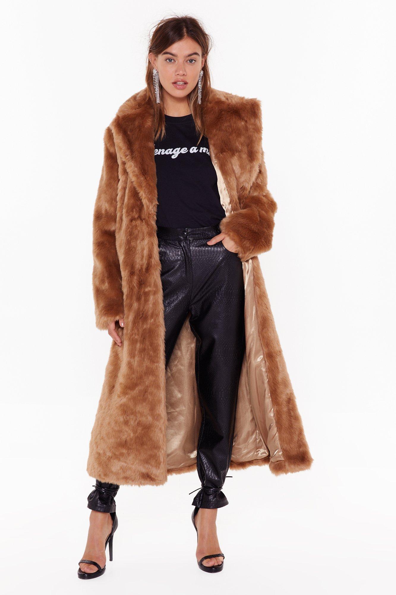 longline faux fur coat with hood