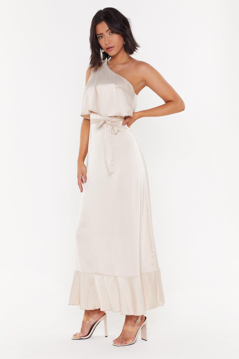 one shoulder satin maxi dress