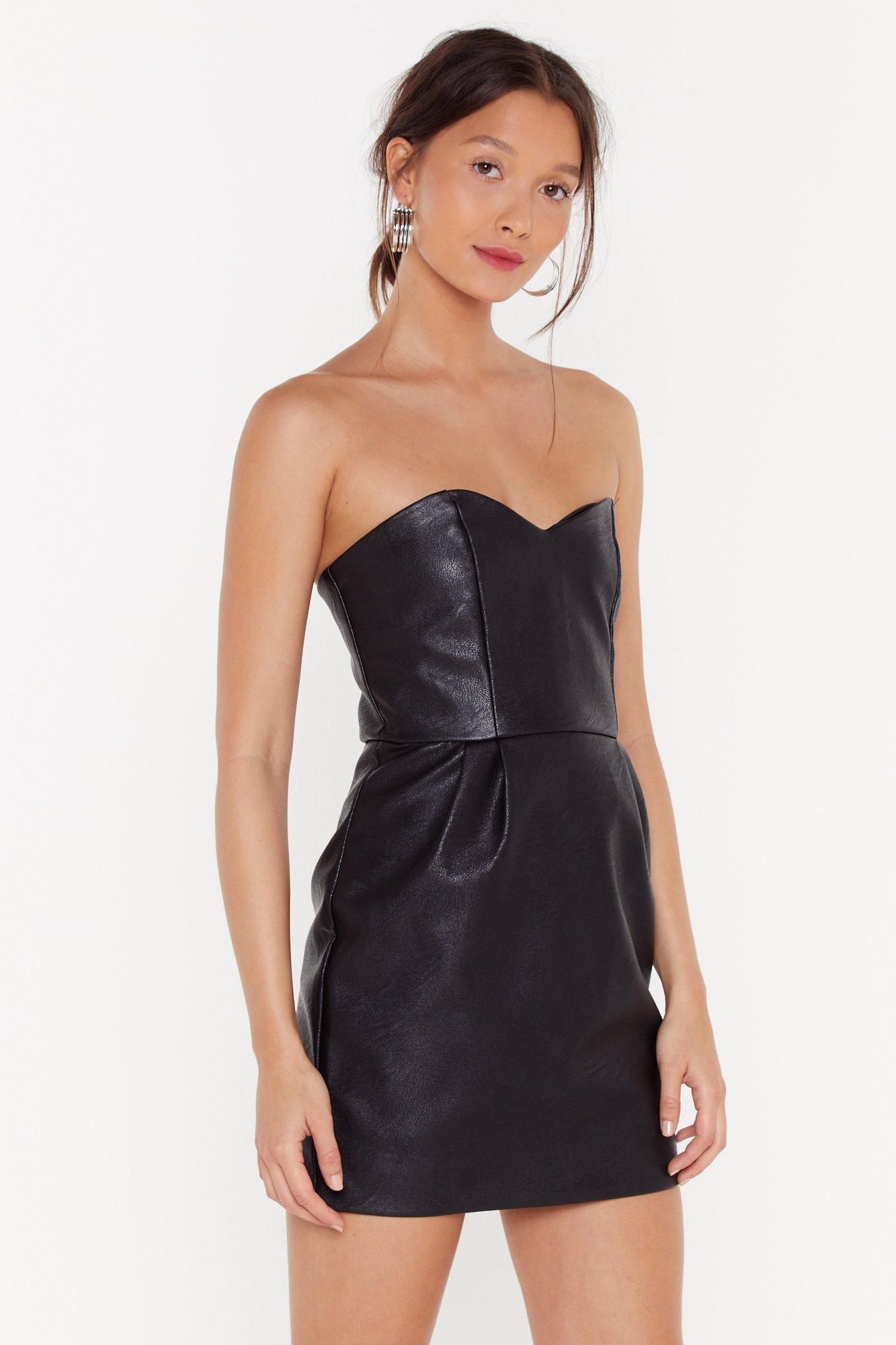 strapless leather mini dress