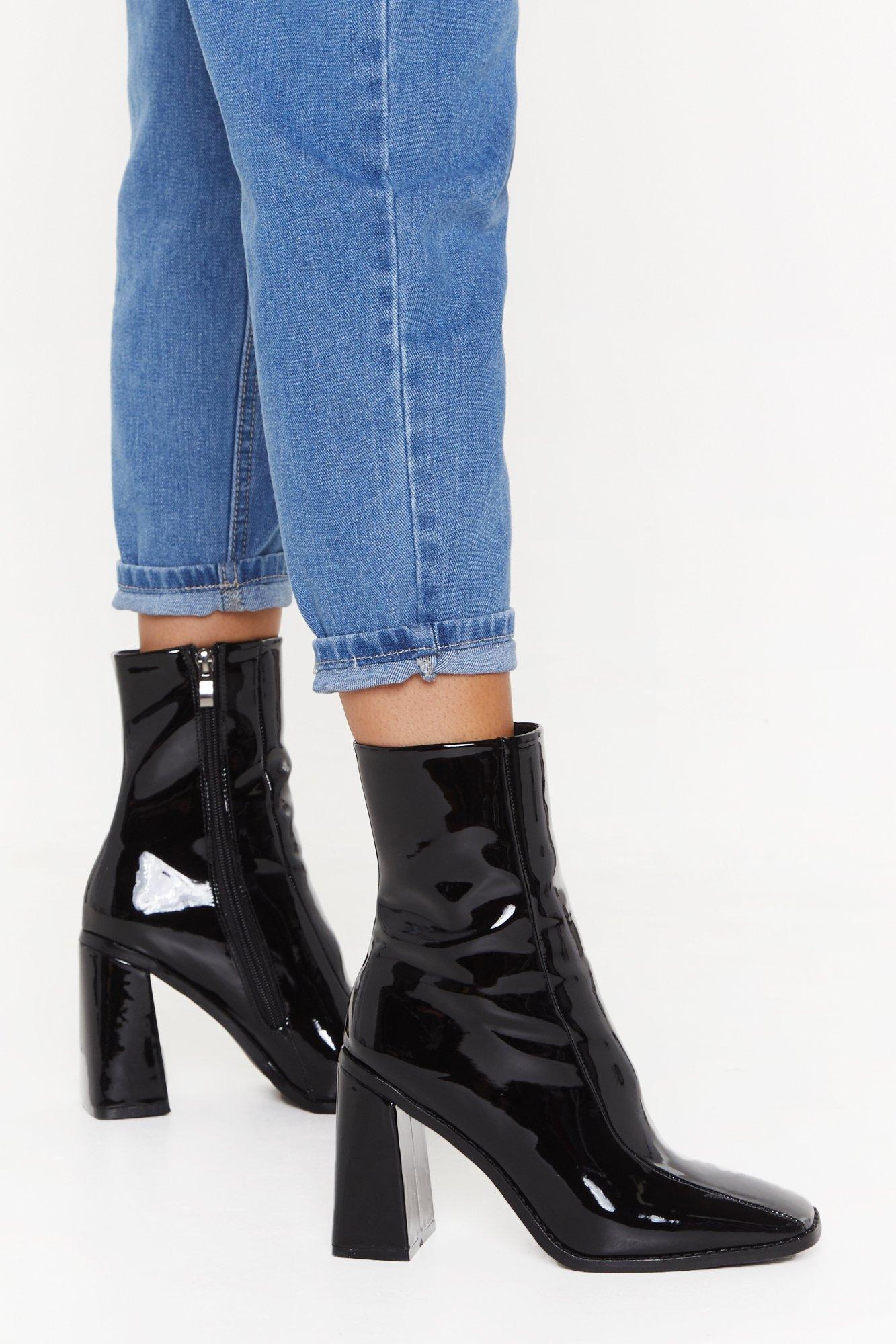 Patent Faux Leather Square Toe Boots 
