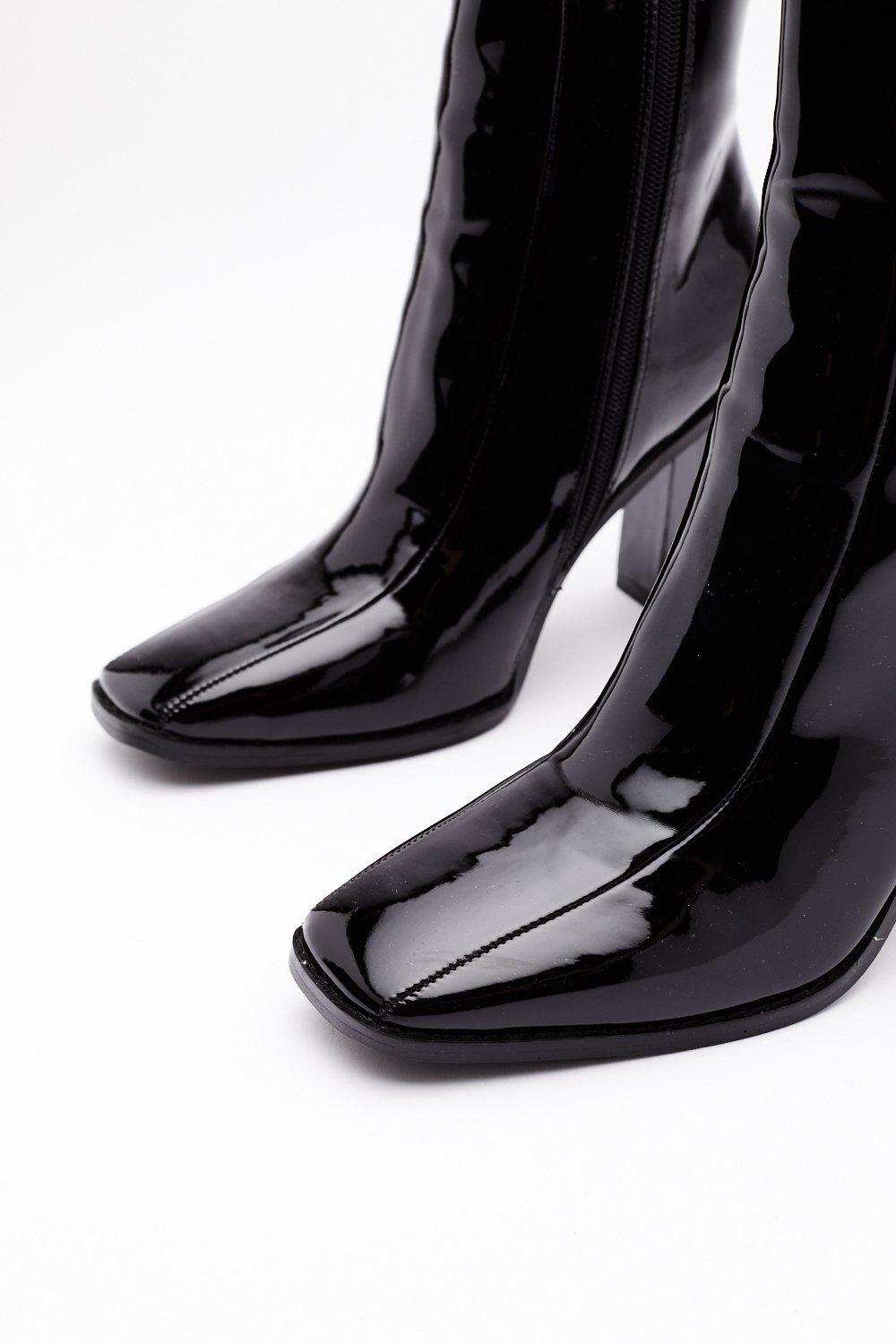 black patent square toe boots