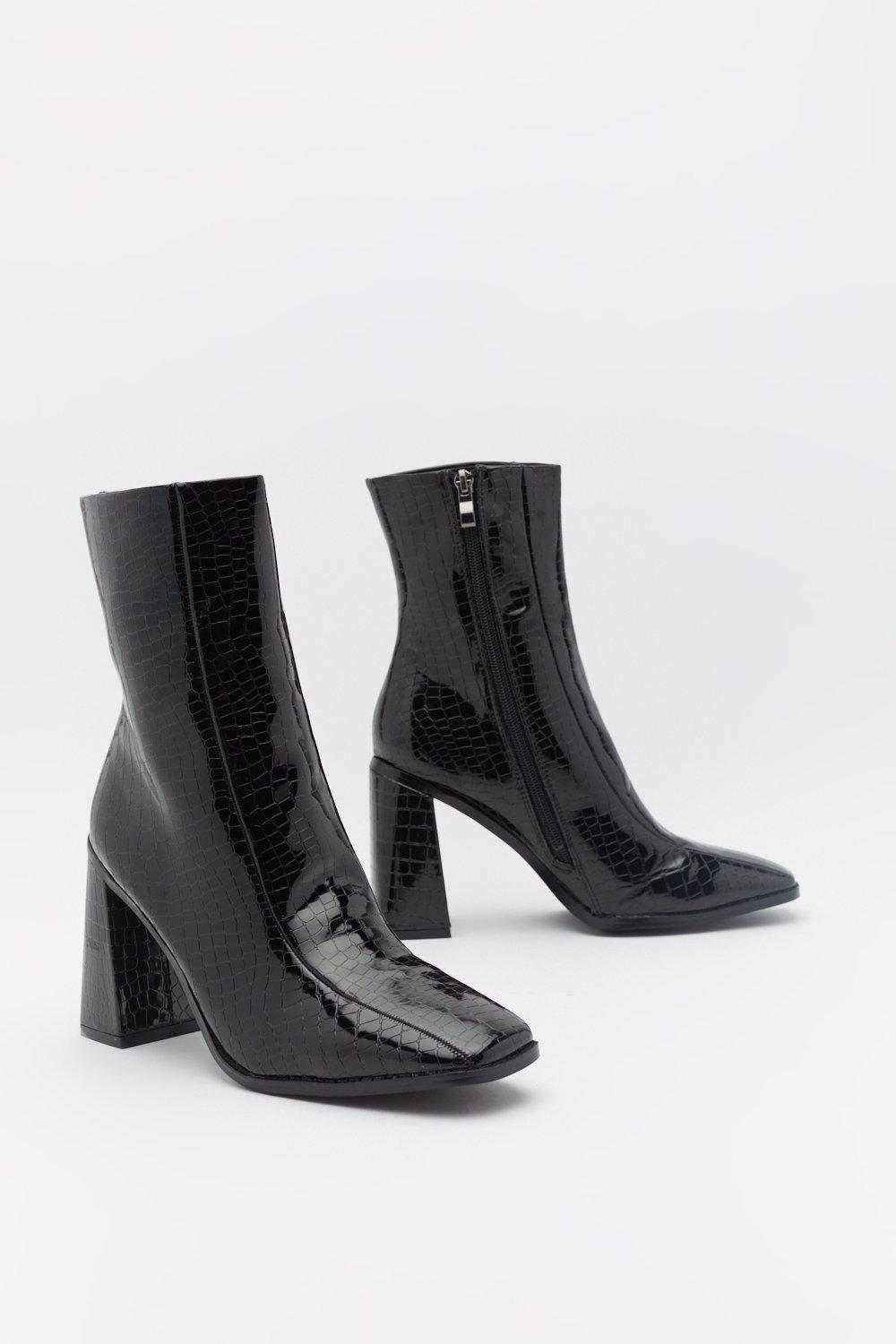 black square toe block heel boots