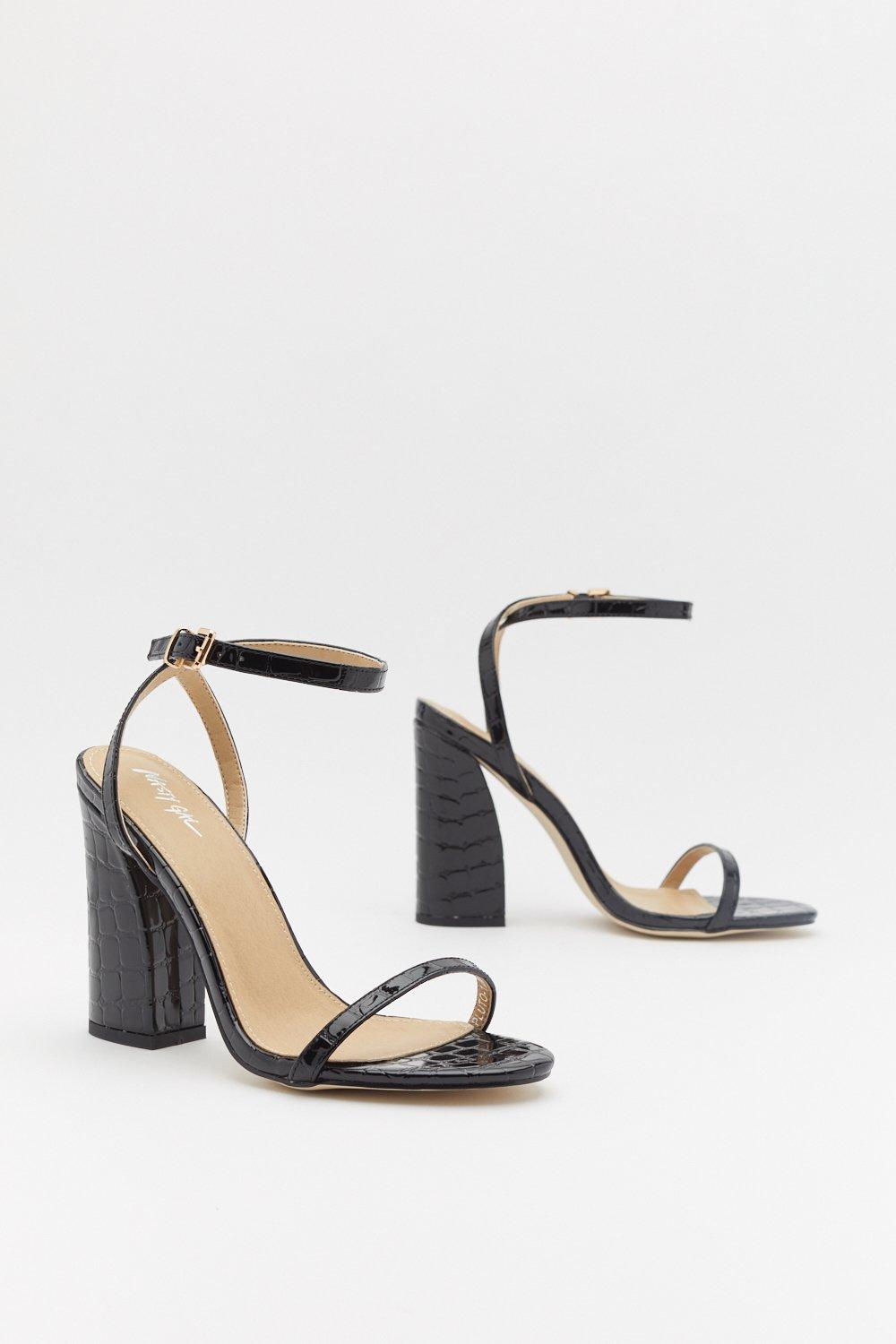 black croc block heels