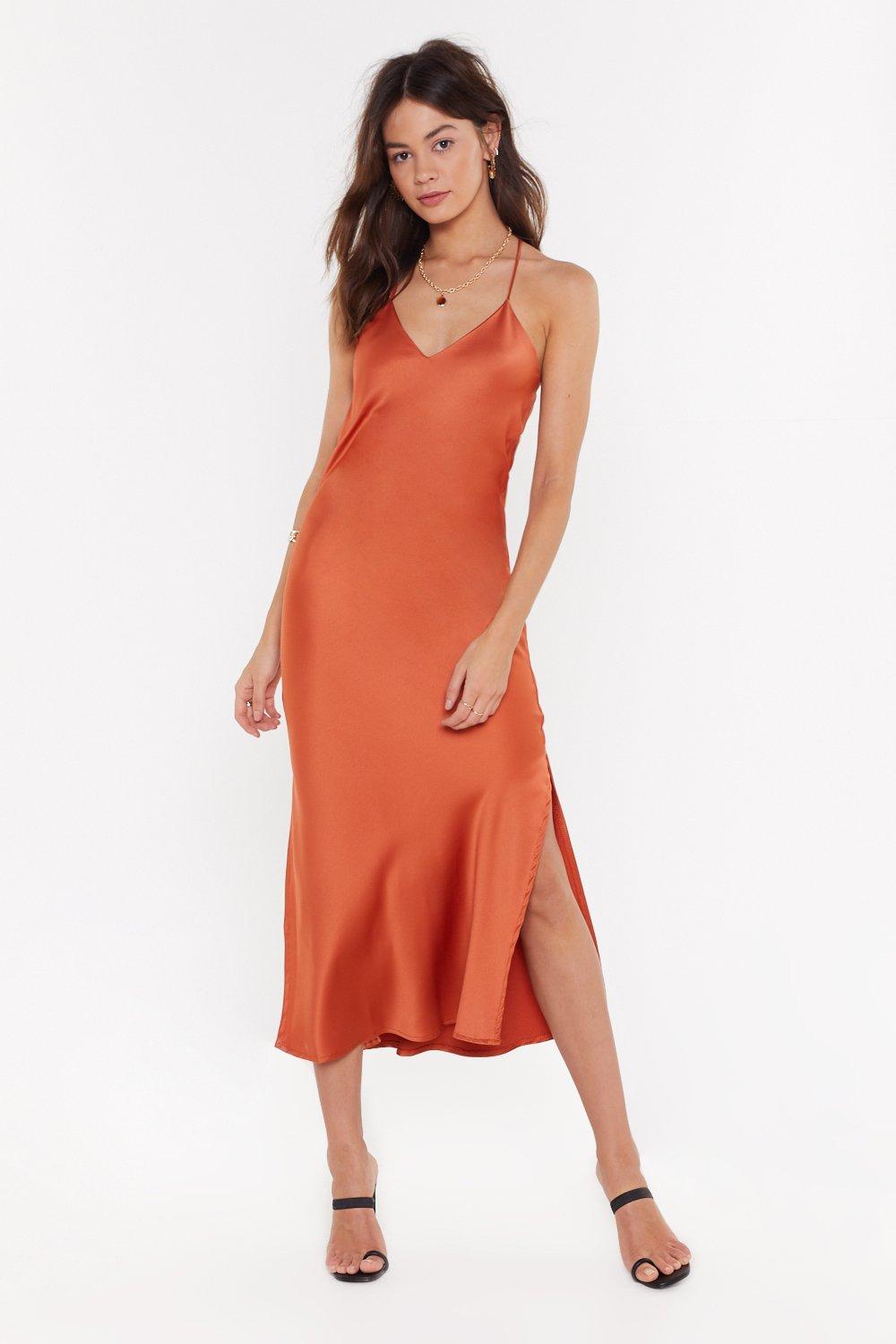 rust satin midi dress