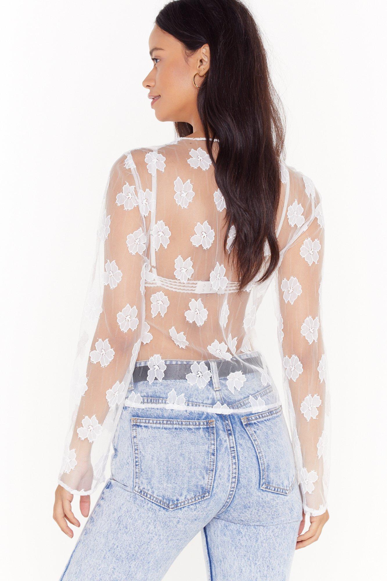 sheer floral long sleeve top