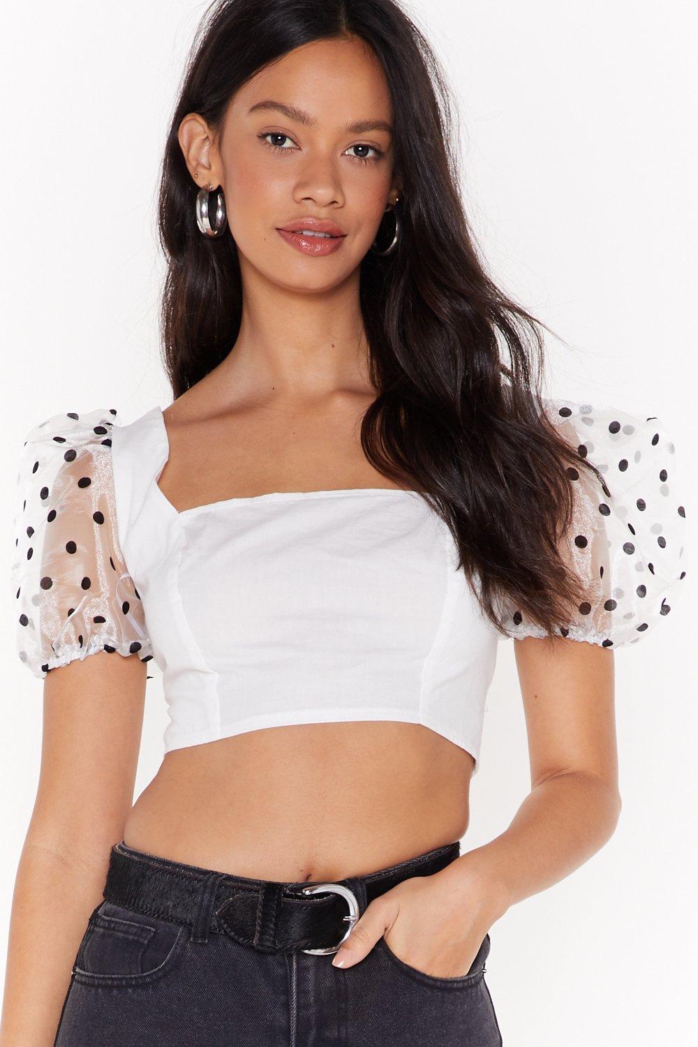 white polka dot puff sleeve top