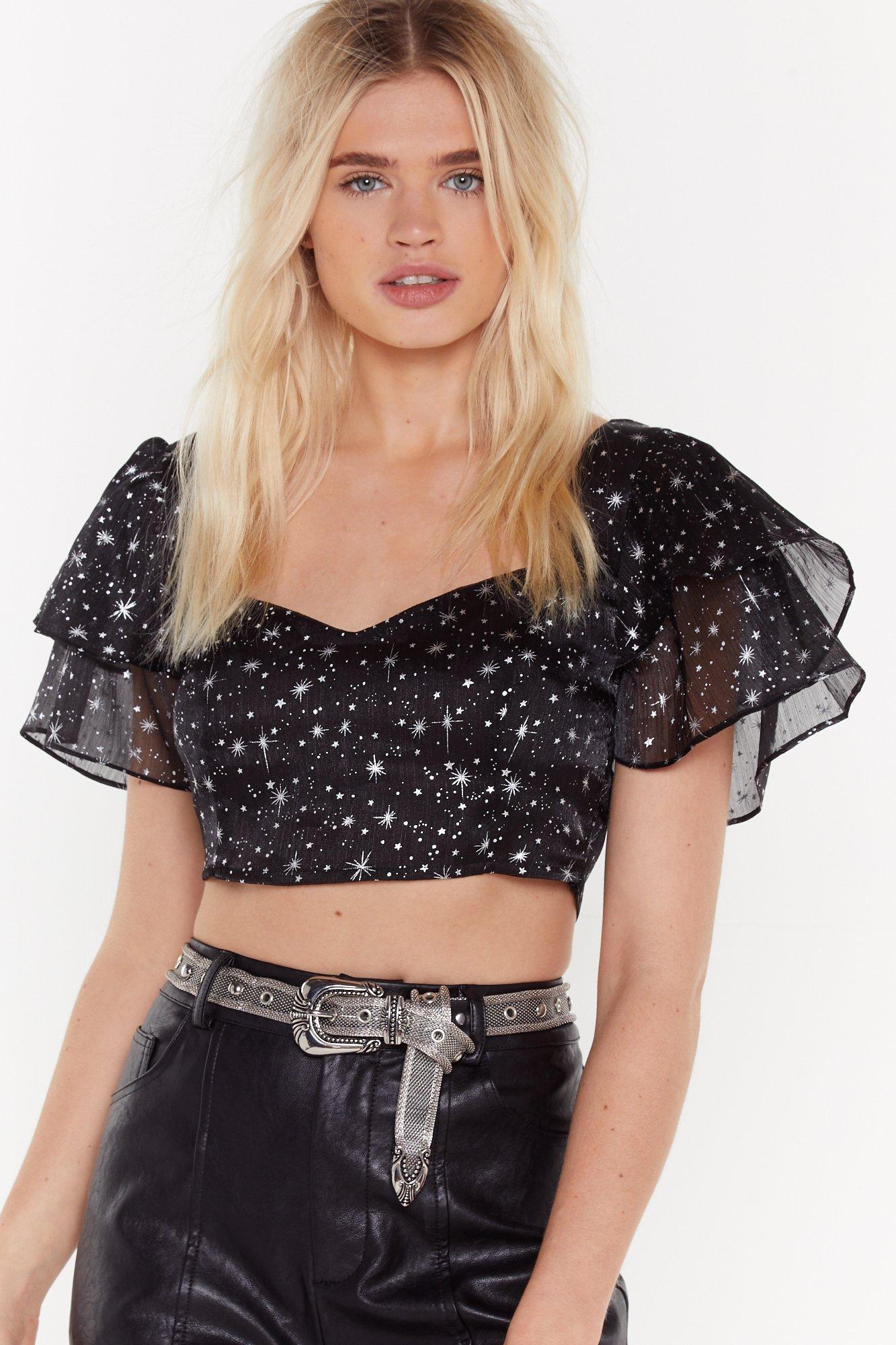 black ruffle sleeve crop top