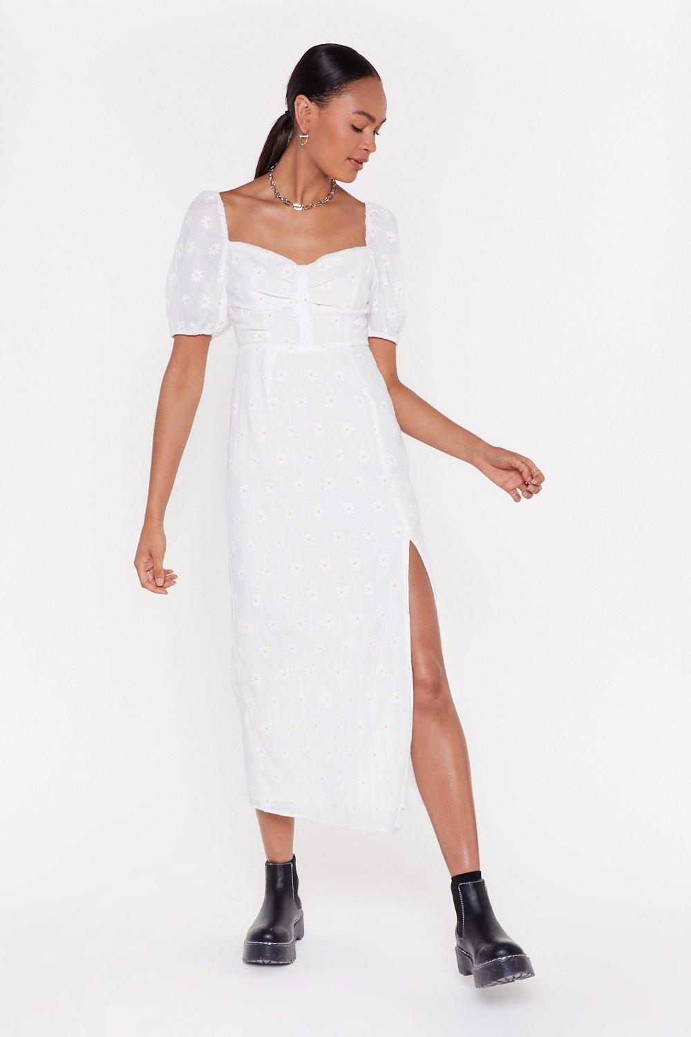 white puff sleeve midi dress