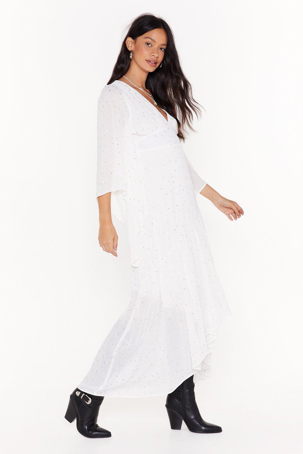 white cape maxi dress