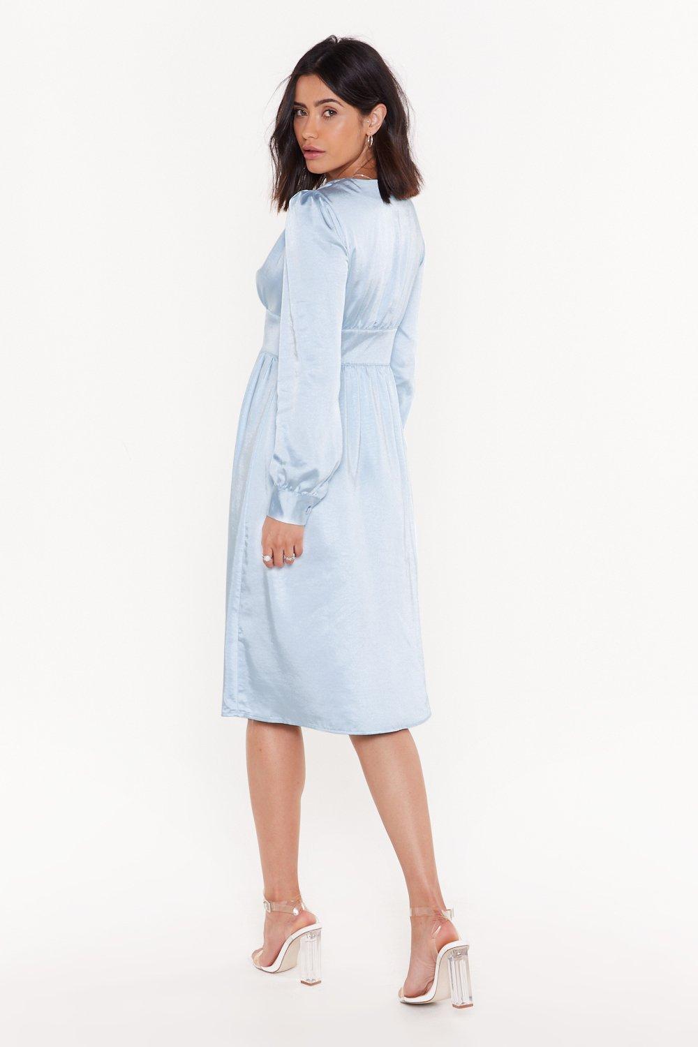 light blue satin midi dress