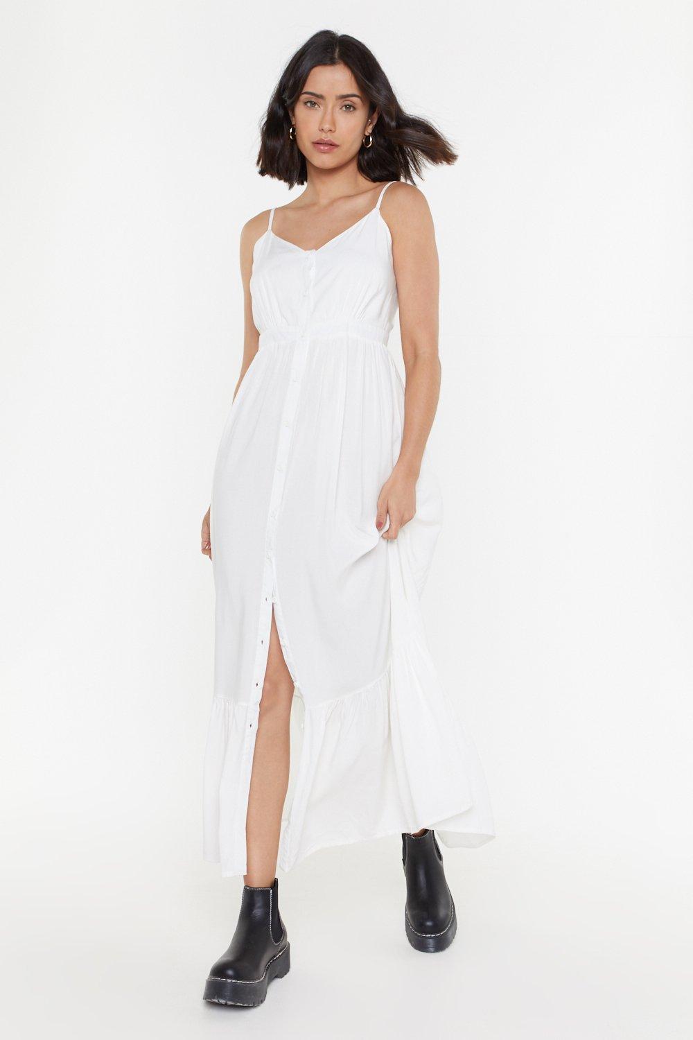 white maxi button down dress