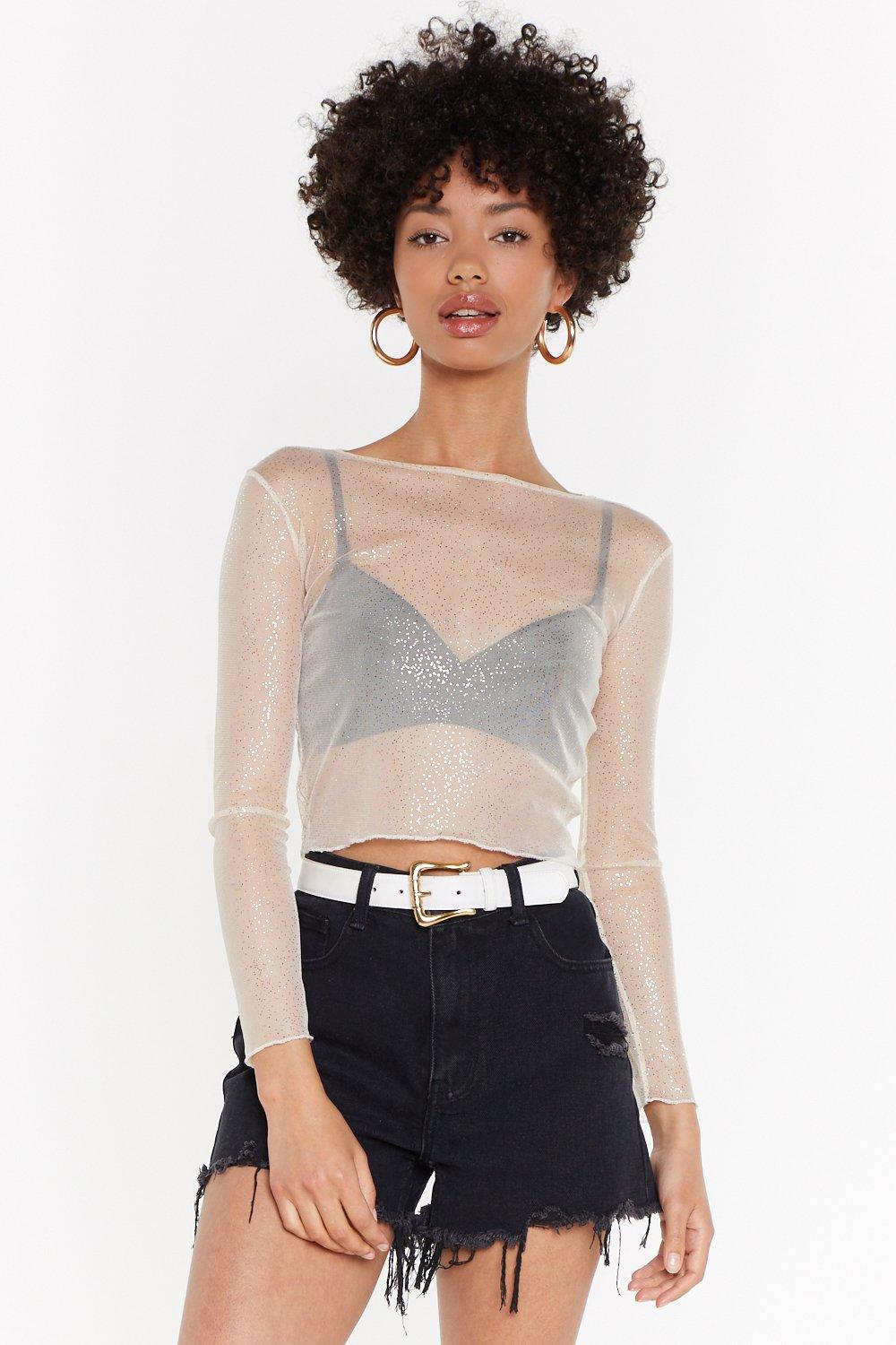glitter mesh long sleeve top