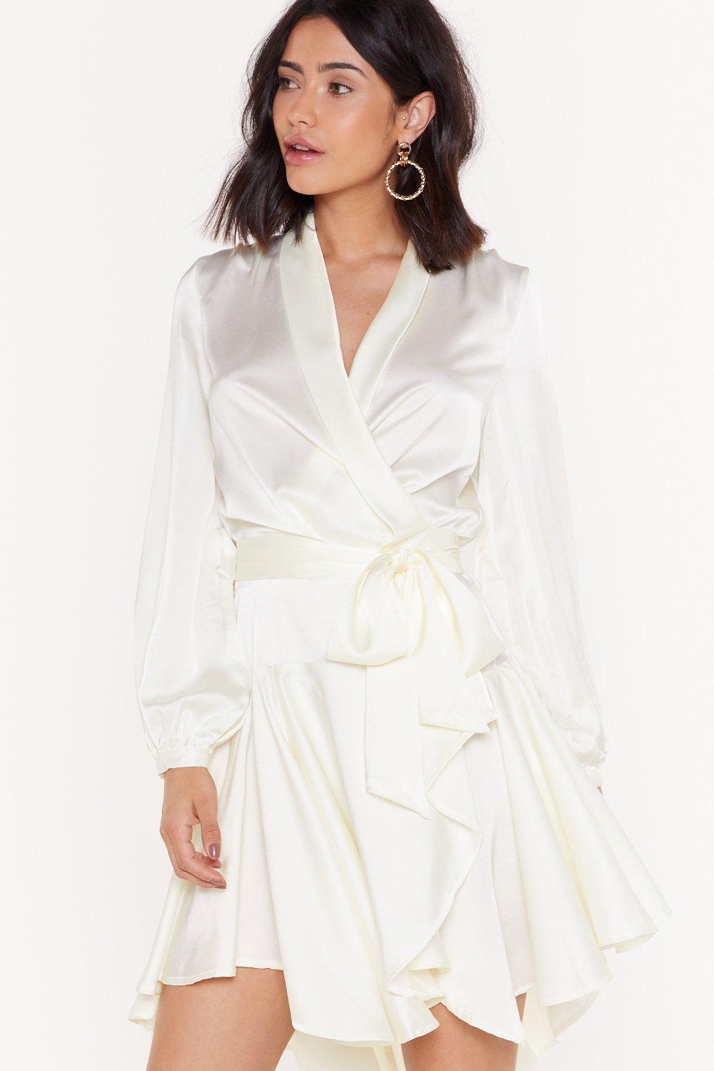 satin white wrap dress