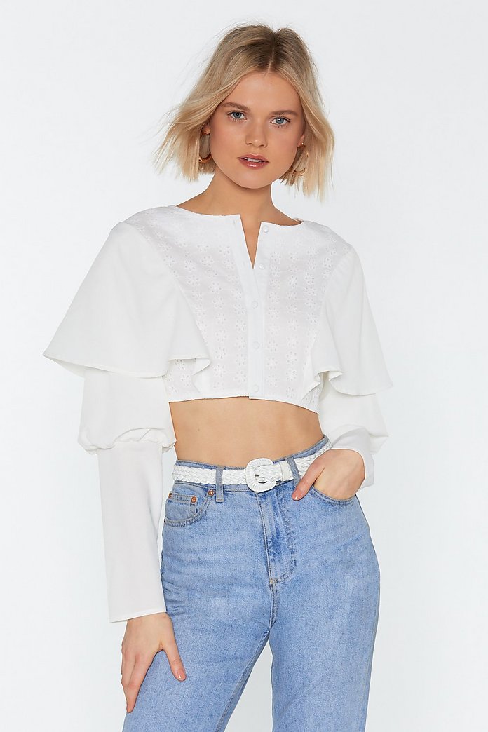 Broiderie Ruffle Shoulder Cropped Blouse