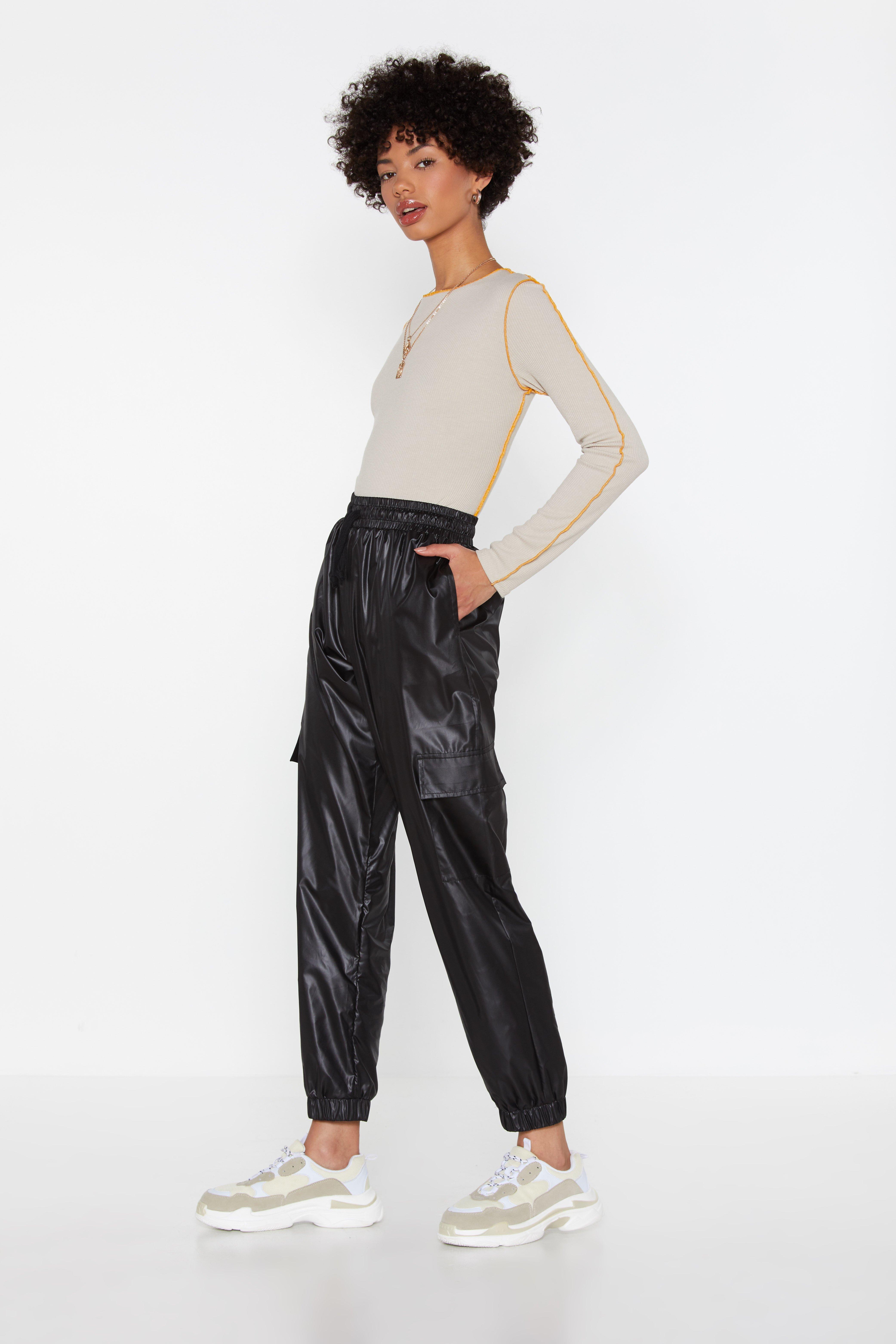 black wet look joggers
