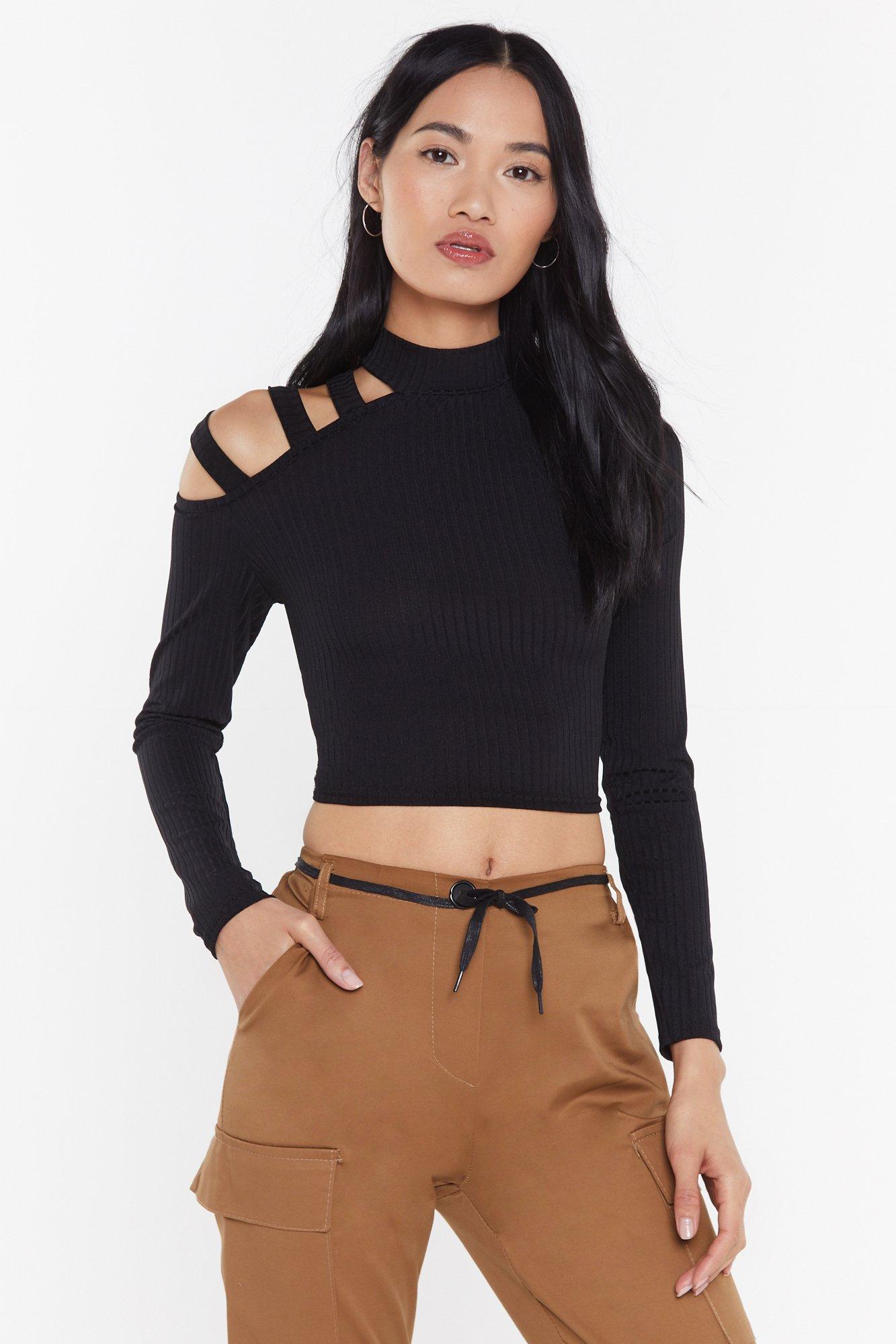 black high neck cold shoulder top