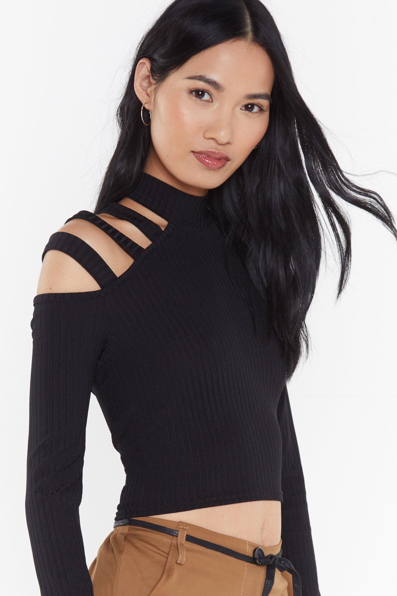 black high neck cold shoulder top