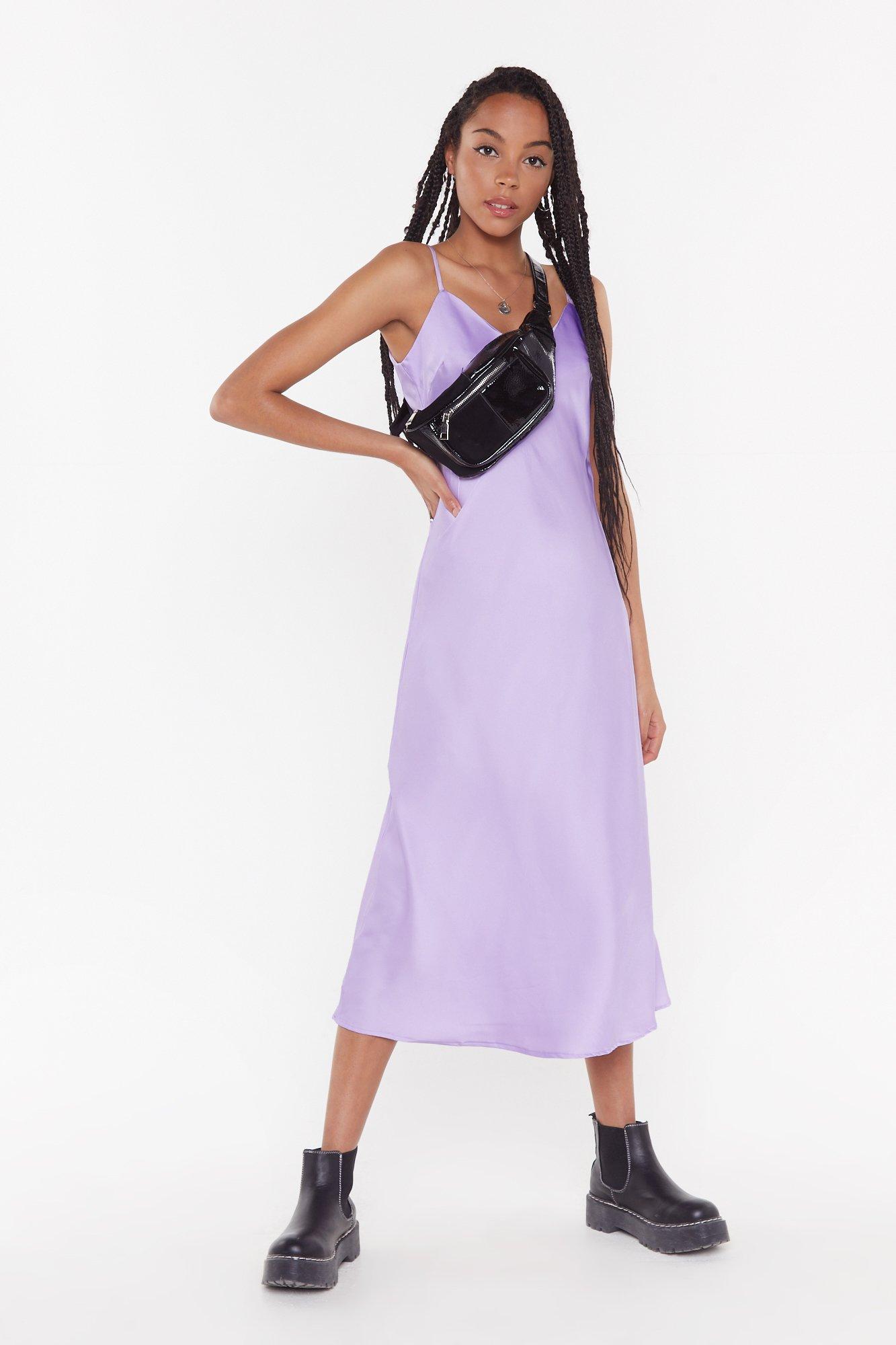 lilac satin midi dress