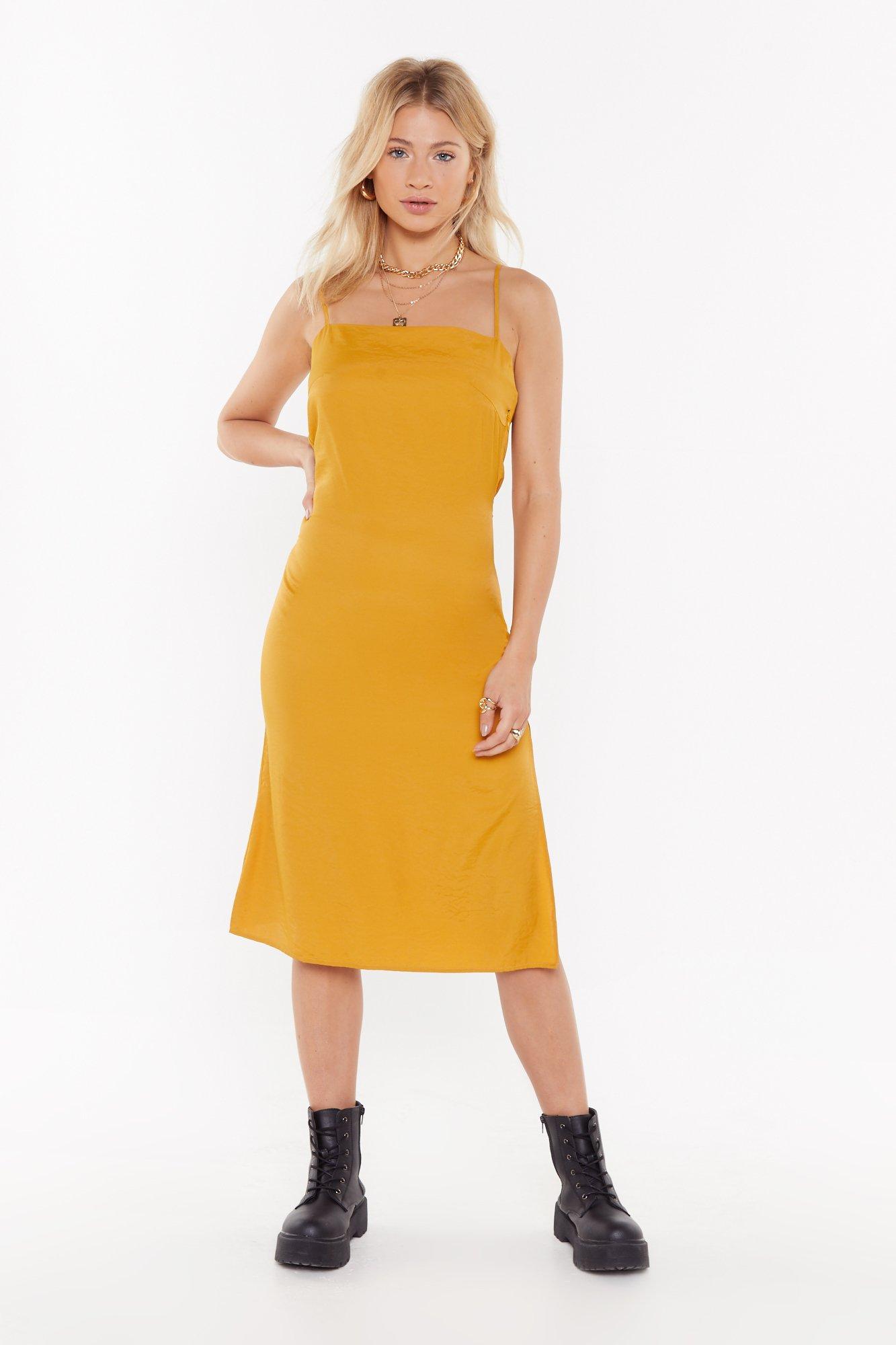 mustard satin midi dress