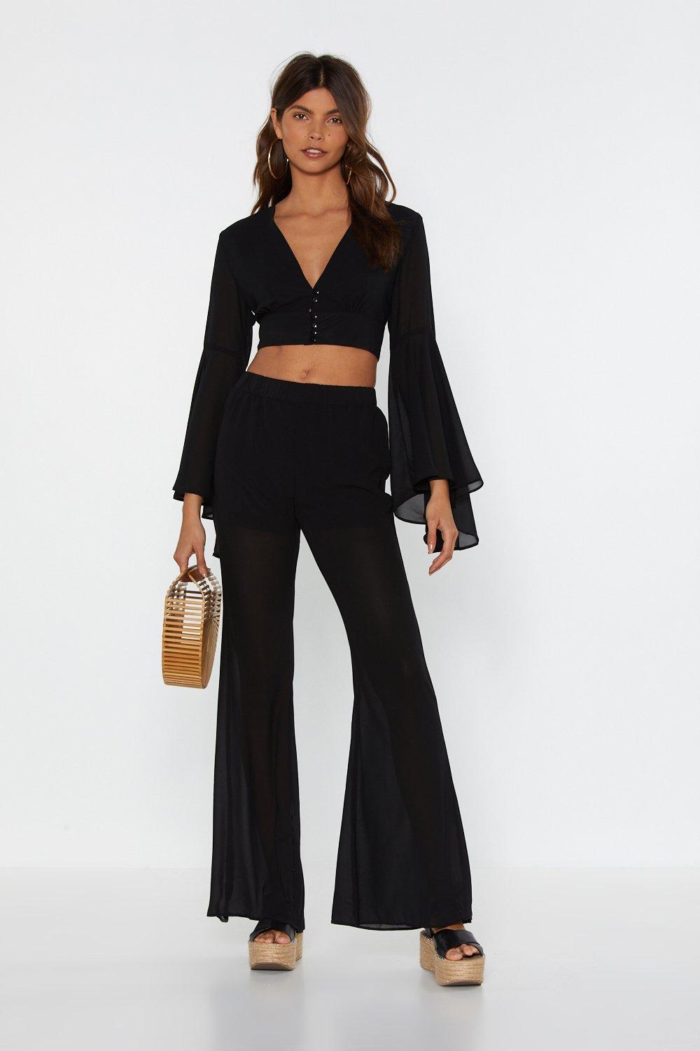 black mesh flare pants