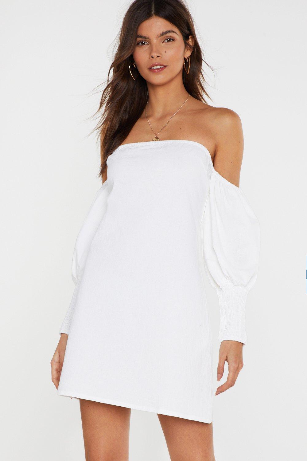 white linen off shoulder dress