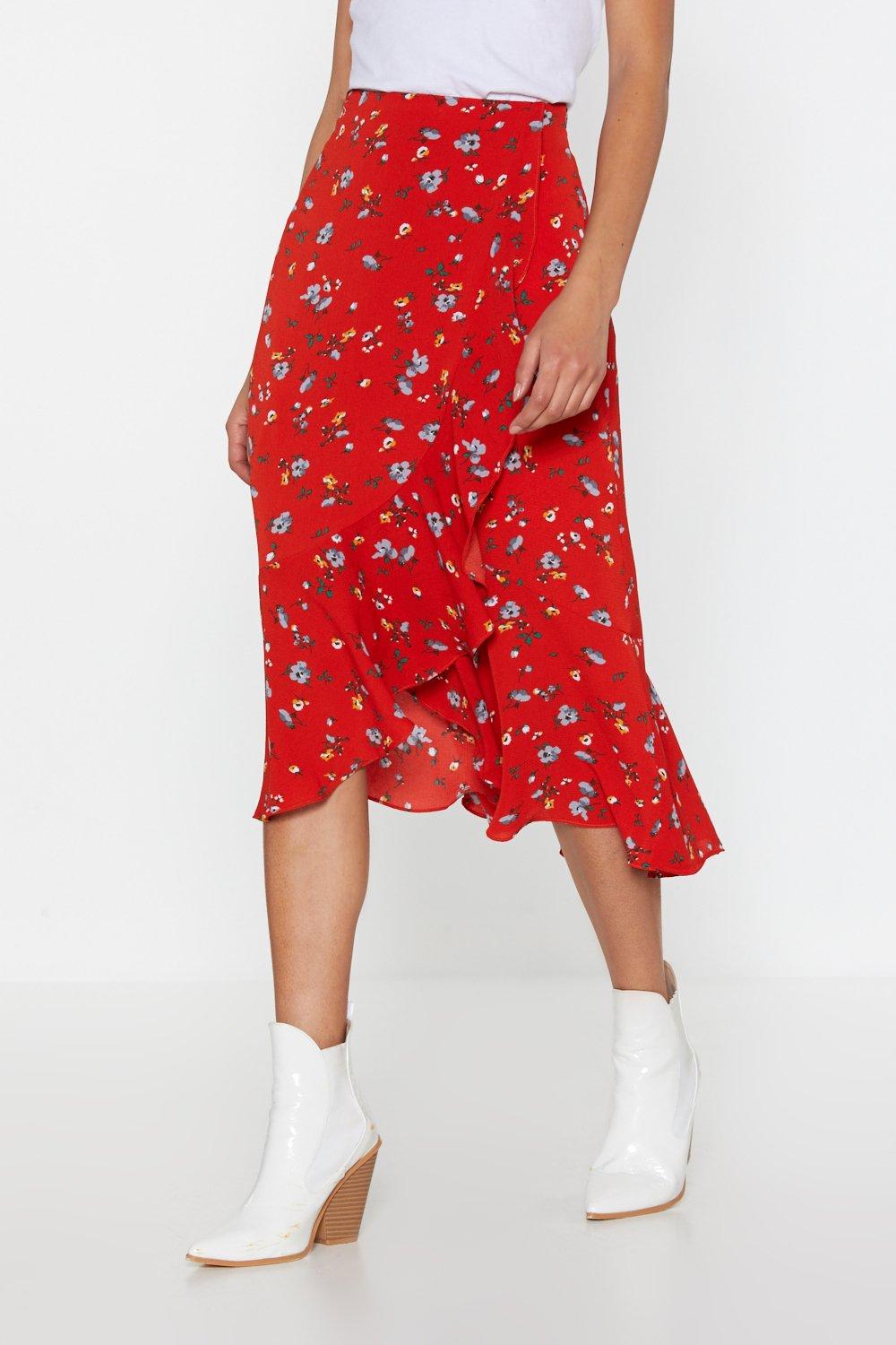 wrap ruffle midi skirt