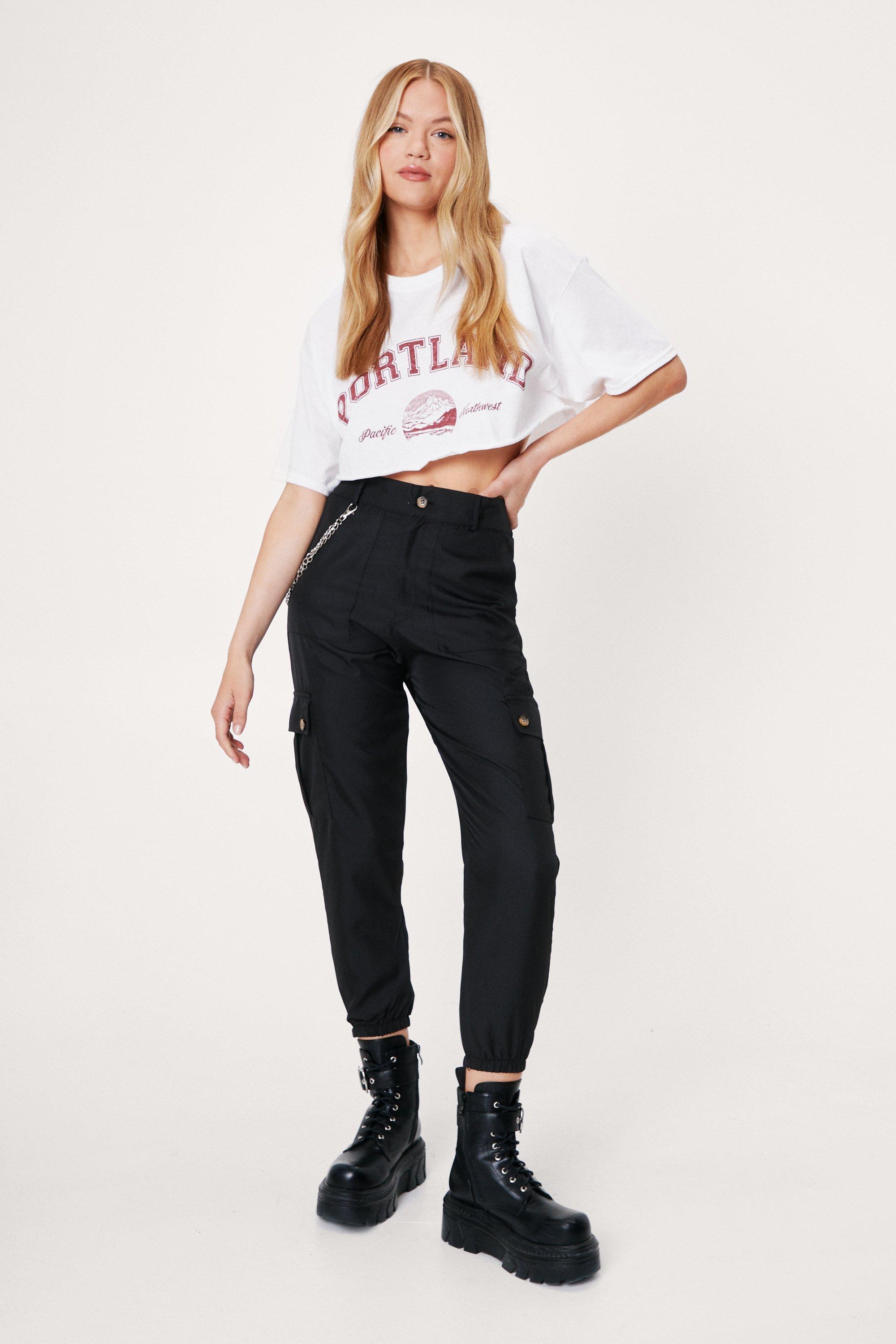 black cargo trousers with chain