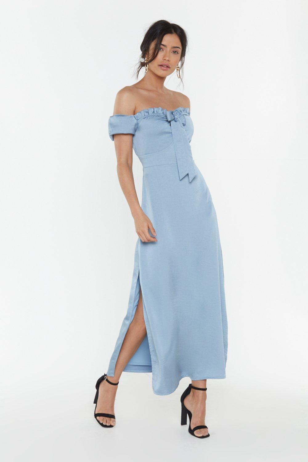 blue off the shoulder maxi dress