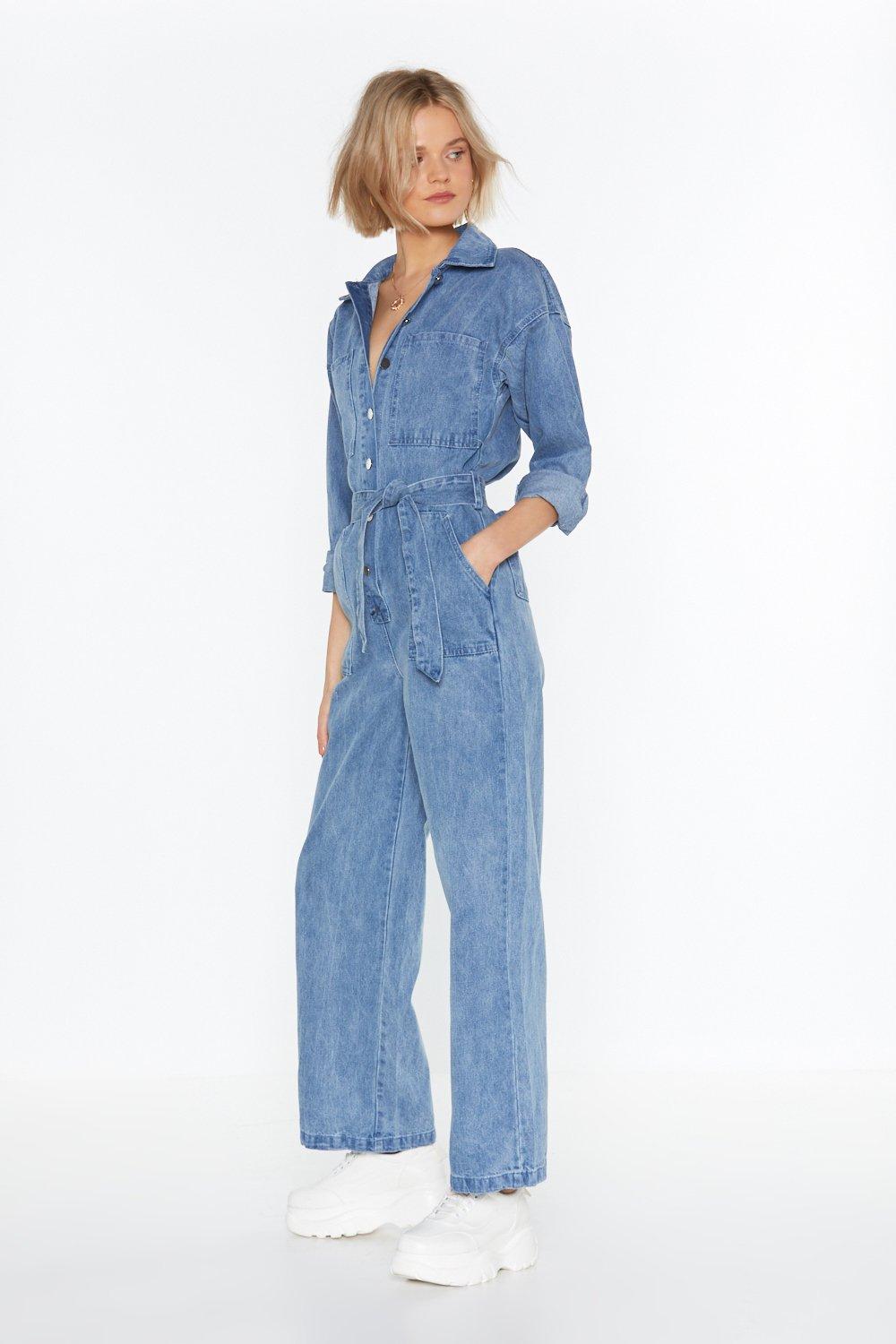 denim flare leg jumpsuit